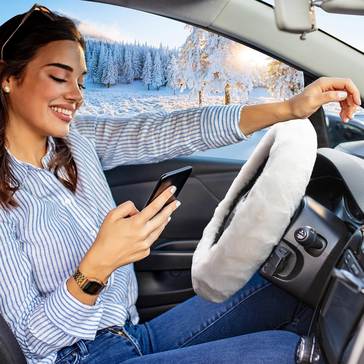 Fuzzy Car Steering Wheel Cover for Women, Anti-Slip Warm Fluffy Fur Auto Steering Wheel Protector, Soft Plush, Luxurious, with Seat Belt Cover Car Accessories for Ladies Girls (White) image number 2