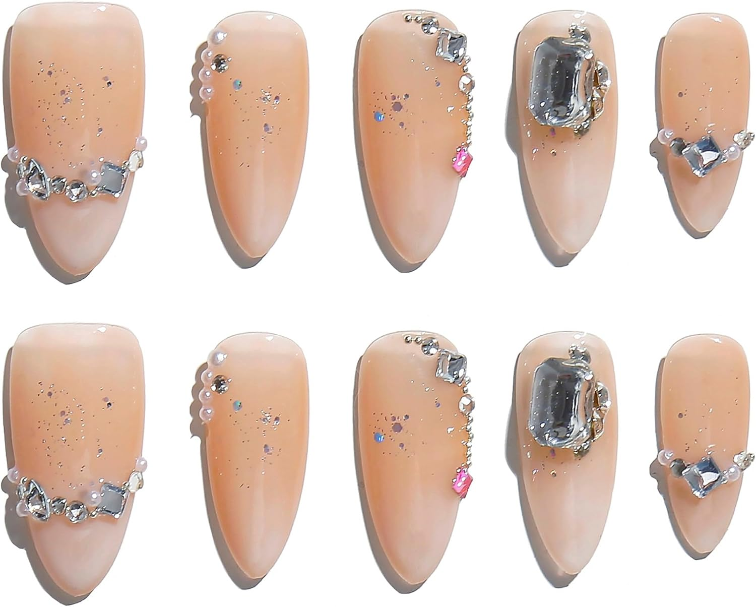 Sun&Beam Nails Handmade Press-On Medium Amlond Black Silver Brown Rhinestone Star Ombre Design Fashion False Nail Tips 10 Pcs Set (#186 L)