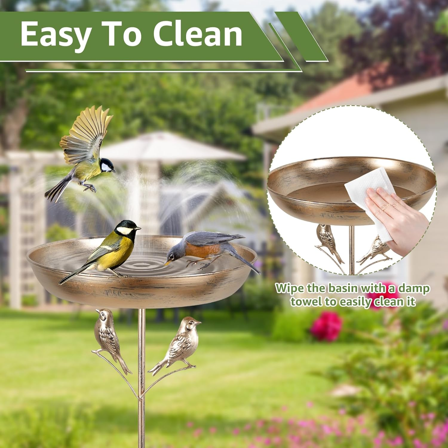 Iron Feeding Bird Bath Spike with 5 Pronged Base, Decorative Rust Resistant Bird Feeder Standing Bath for Outdoor Garden Patio Yard Lawn (Bird)