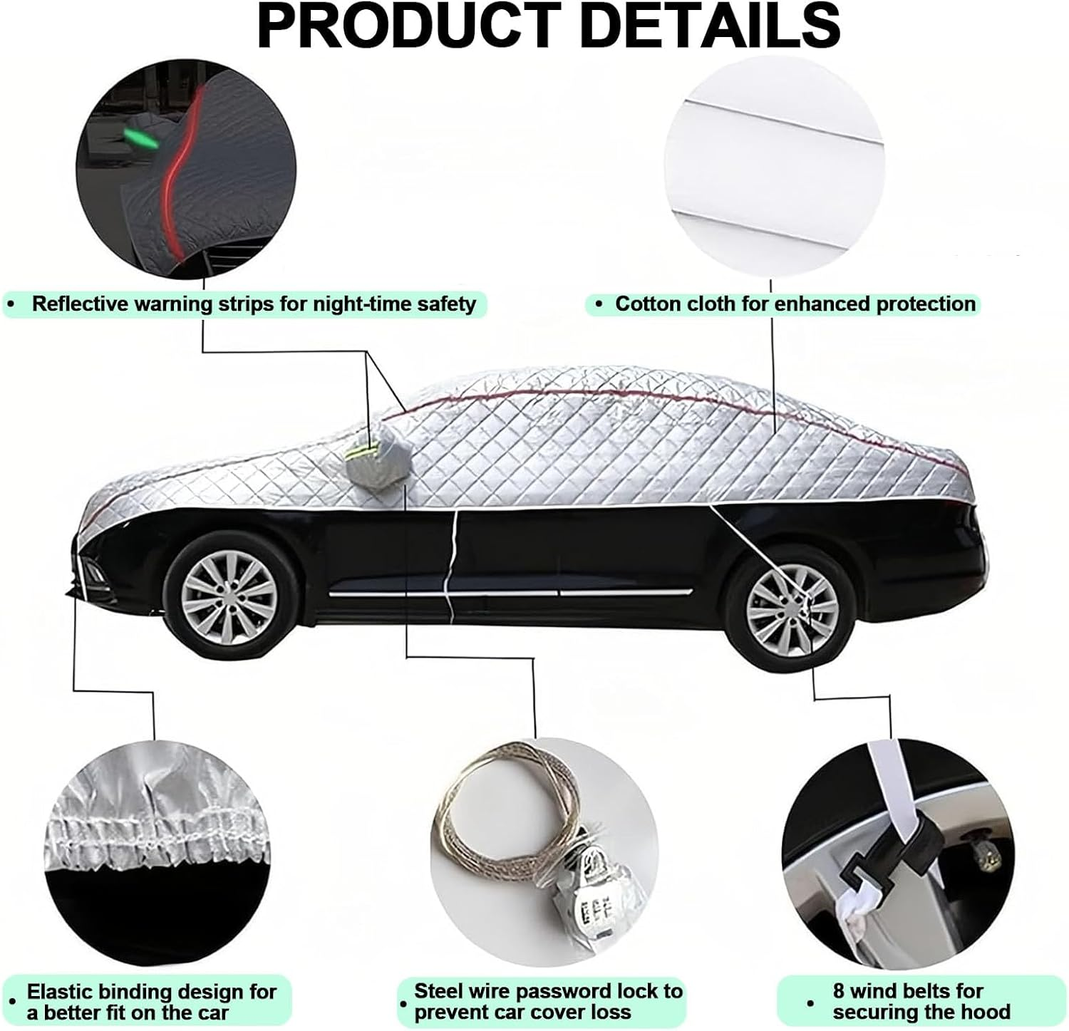 Premium All-Weather Hail Protection Car Cover, Heavy Duty 190T Silver-Plated Fabric, Quilted 5-Layer Design with Reflective Strips, Multiple Sizes for Sedan, SUV, Hatchback (Black, S) image number 6