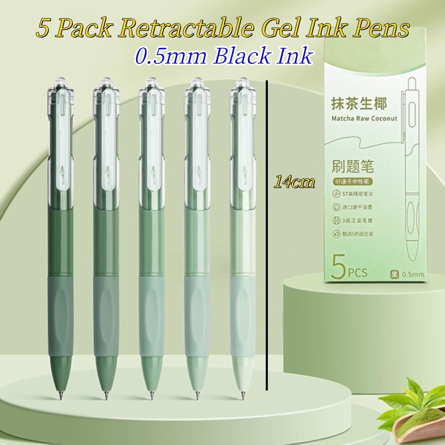 MAIHUO 5Pcs Green Gel Pens,Quick Drying Press Gel Pen,0.5Mm Black Ink Pens,Aesthetic Gradient Color Barrel,Green Stationary,Cute School Supplies - Colours image number 3