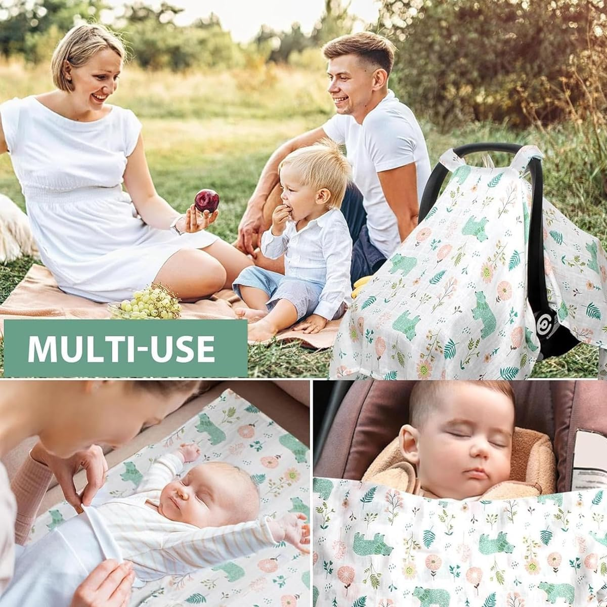 AIMALL 2-Pack Baby Muslin Cotton Push Car Seat Cover, Breathable Windproof Dustproof Infant Carriage Cover with Cartoon Prints, 44.9In X 35.4In, Universal Fit for Baby Carriers image number 1