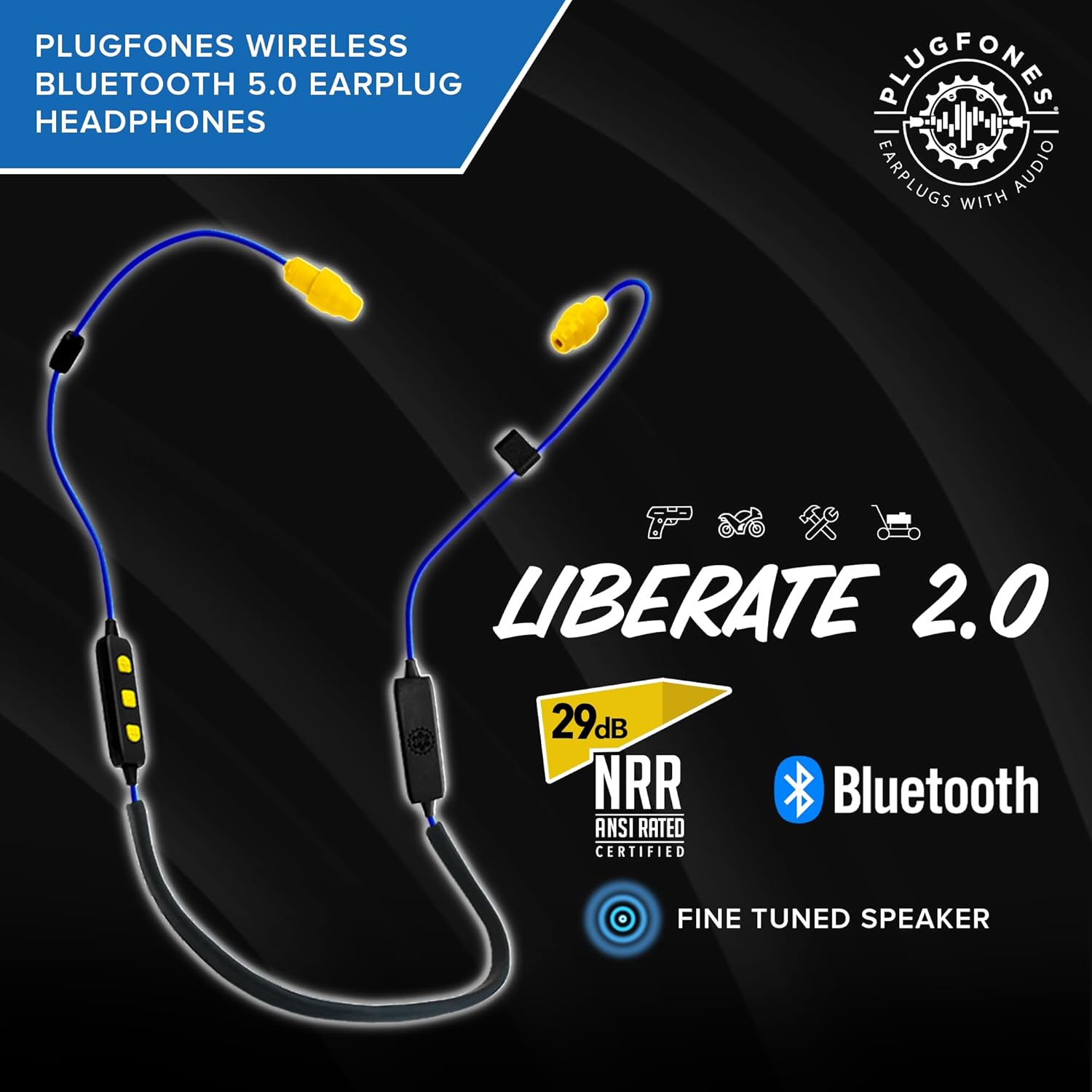 Plugfones Liberate 2.0 Wireless Bluetooth Headphones with Earplugs, Blue/Yellow (NA) - Blue/Yellow image number 4