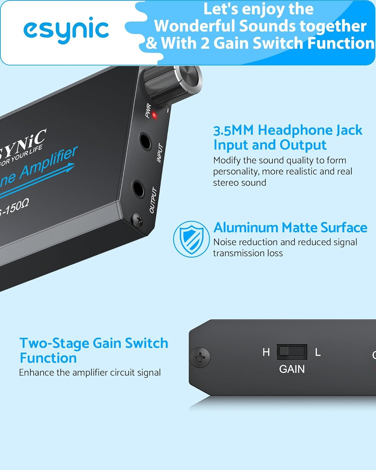 Esynic Portable Headphone Amplifier Rechargeble Audio Digital Hifi Earphone Amp 3.5Mm with Two-Stage Gain Switch, USB Cable and Aluminum Matte Surface for MP3 MP4 Phones Digital Players and Computers image number 6