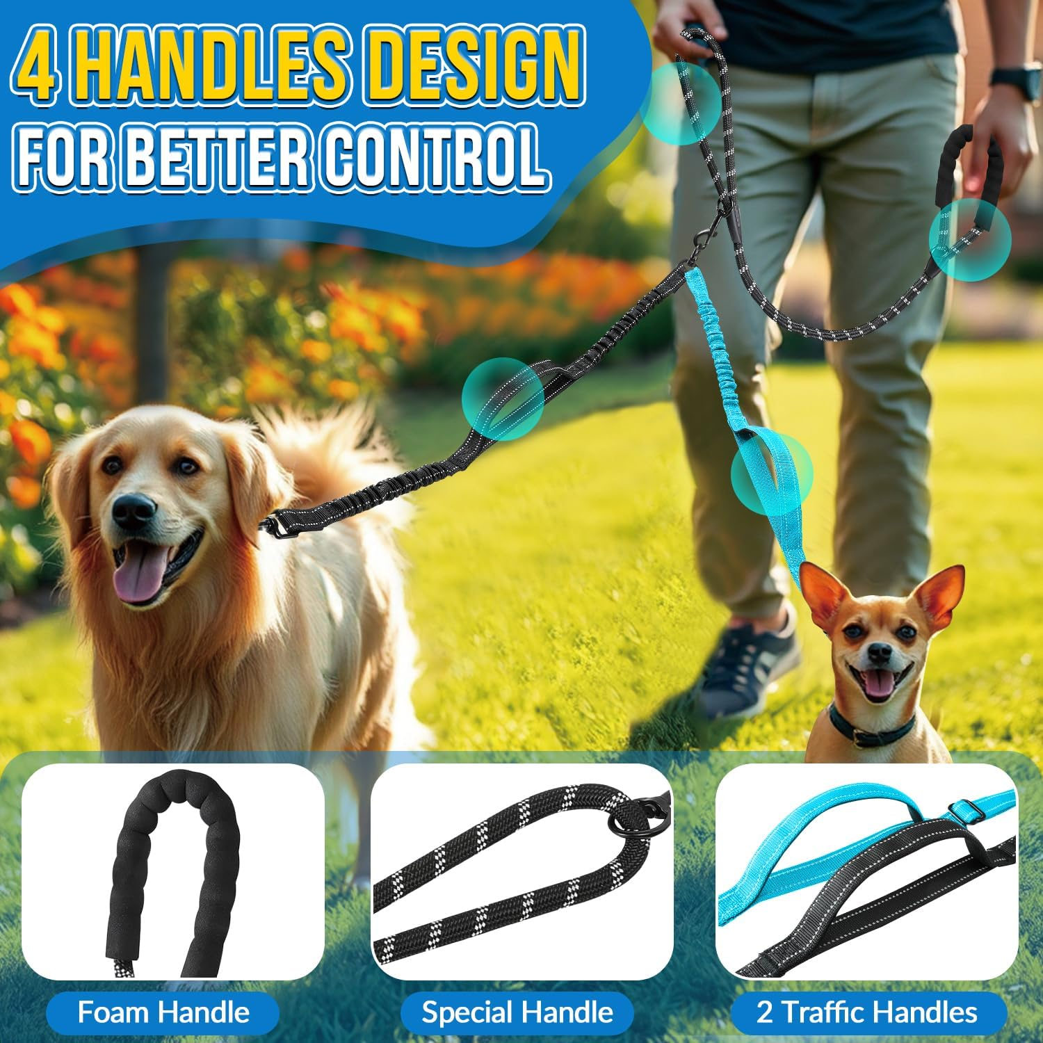 AUTOWT Double Leash for Two Small Dogs, No Tangle 360&deg; Swivel Dual Dog Leashes with 4 Handles, Super Lightweight for Puppy under 20Lbs, Reflective Adjustable Strap and Shock Absorbing Bungee image number 4