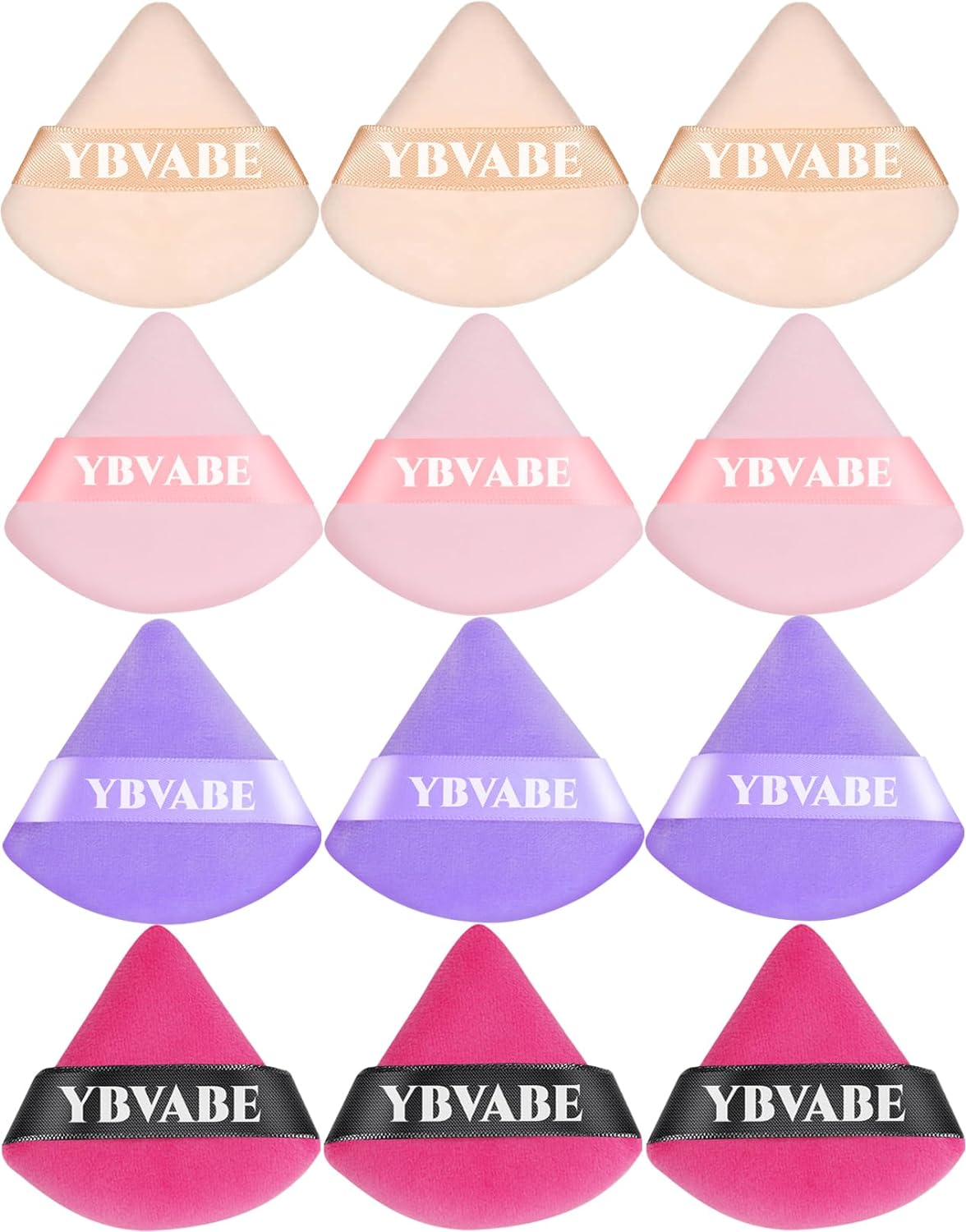 YBVABE Powder Puff, 12Pcs Triangle Powder Puffs Black - Soft & Supple Puffers, Reusable Face Makeup Sponge Blender with Strap for Loose Powder - Setting Powder Beauty Body Cosmetic Foundation Tool