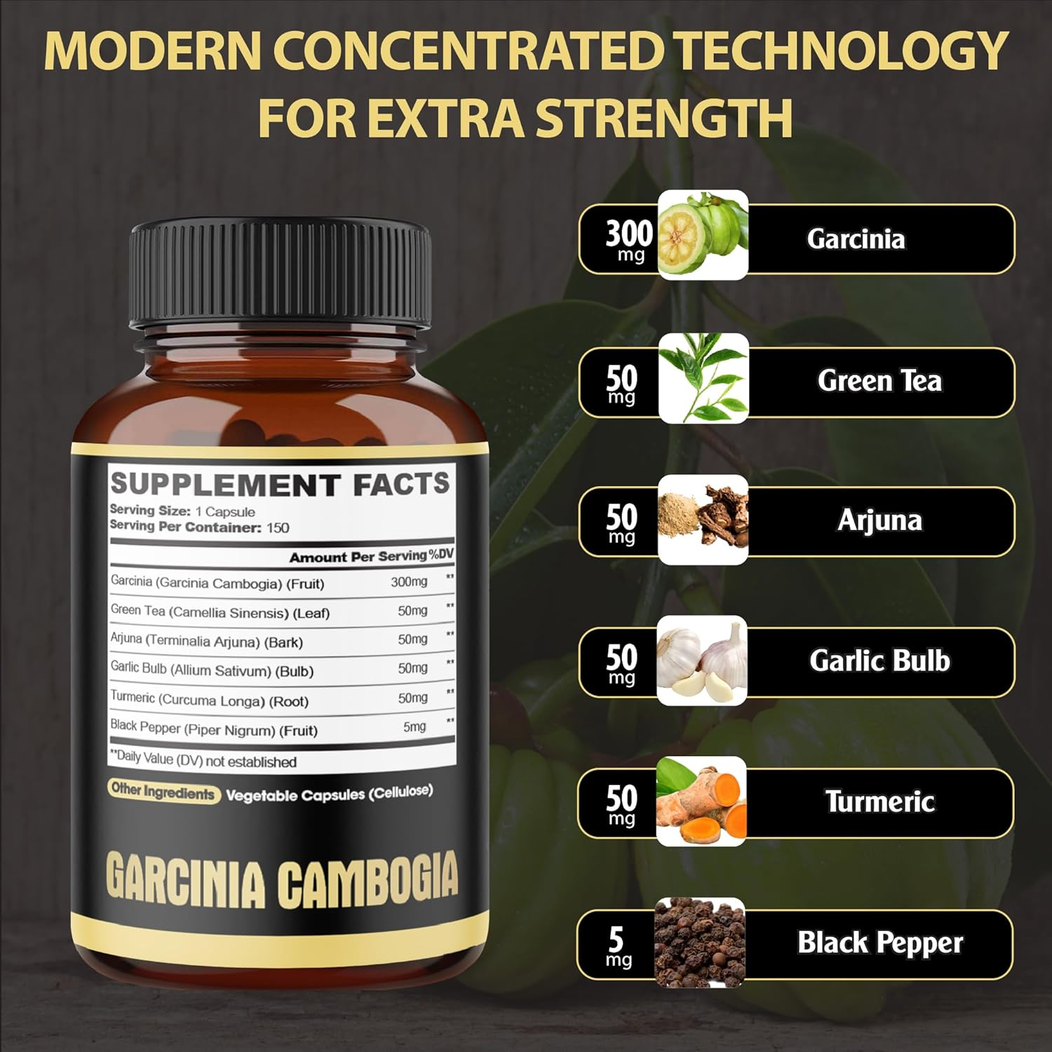 Garcinia Cambogia Extract Capsules - 6In1 with Green Tea, Arjuna, Garlic, Turmeric, Black Pepper - 8550Mg 150 Counts 5 Months - Body, Digestive & Immune Support image number 2