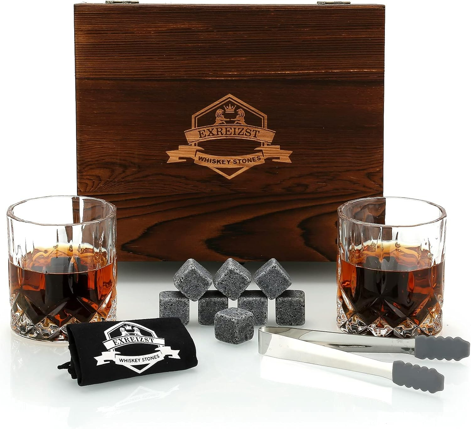 Whiskey Stones Gift Set - Whiskey Glass Set of 2 - Granite Chilling Whiskey Rocks - Scotch Bourbon Whiskey Glass Gift Box Set - Best Drinking Gifts for Men Dad Husband Birthday Party Holiday Present image number 6