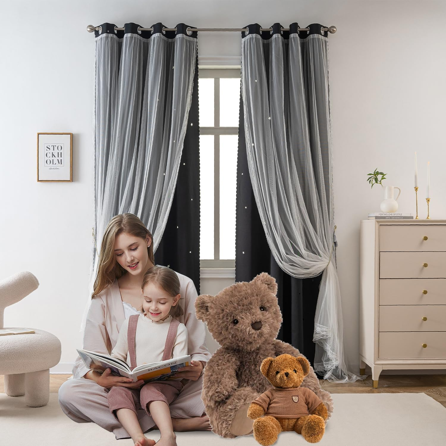 Yancorp Black Curtains for Bedroom Living Room Thermal Insulated Kids Curtain Hollow-Out Star Window Nursery Curtain 63 Inches Length Room Darkening Grommet(Black,52 * 63),1 Panel image number 6