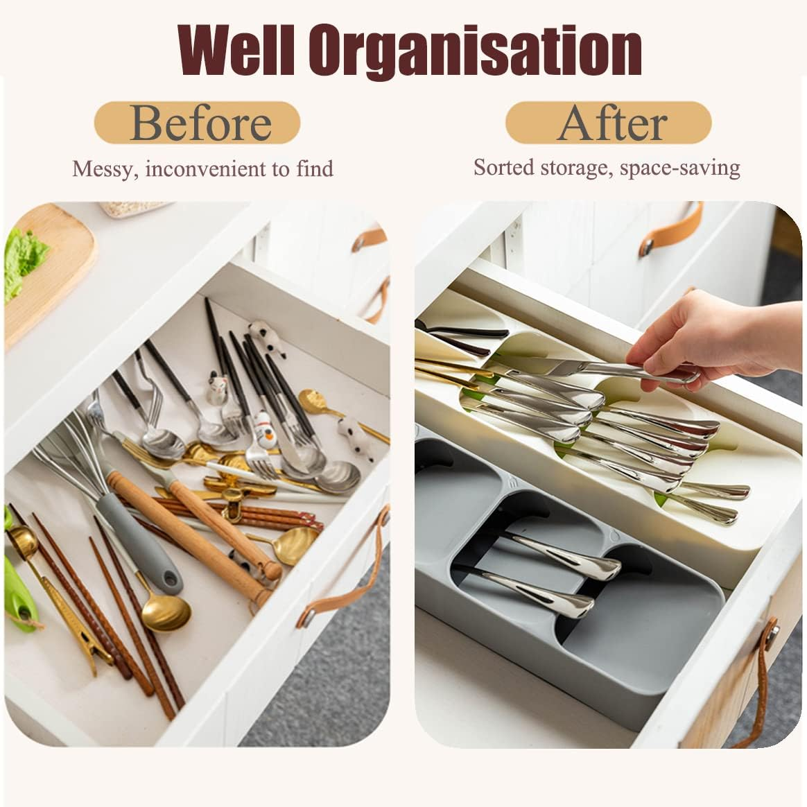 Compact Small Cutlery Tray Organiser, Utensil Holder for Drawers, Kitchen Silverware Drawer Organizer Divider for Spoons Forks & Short Knives, White Green