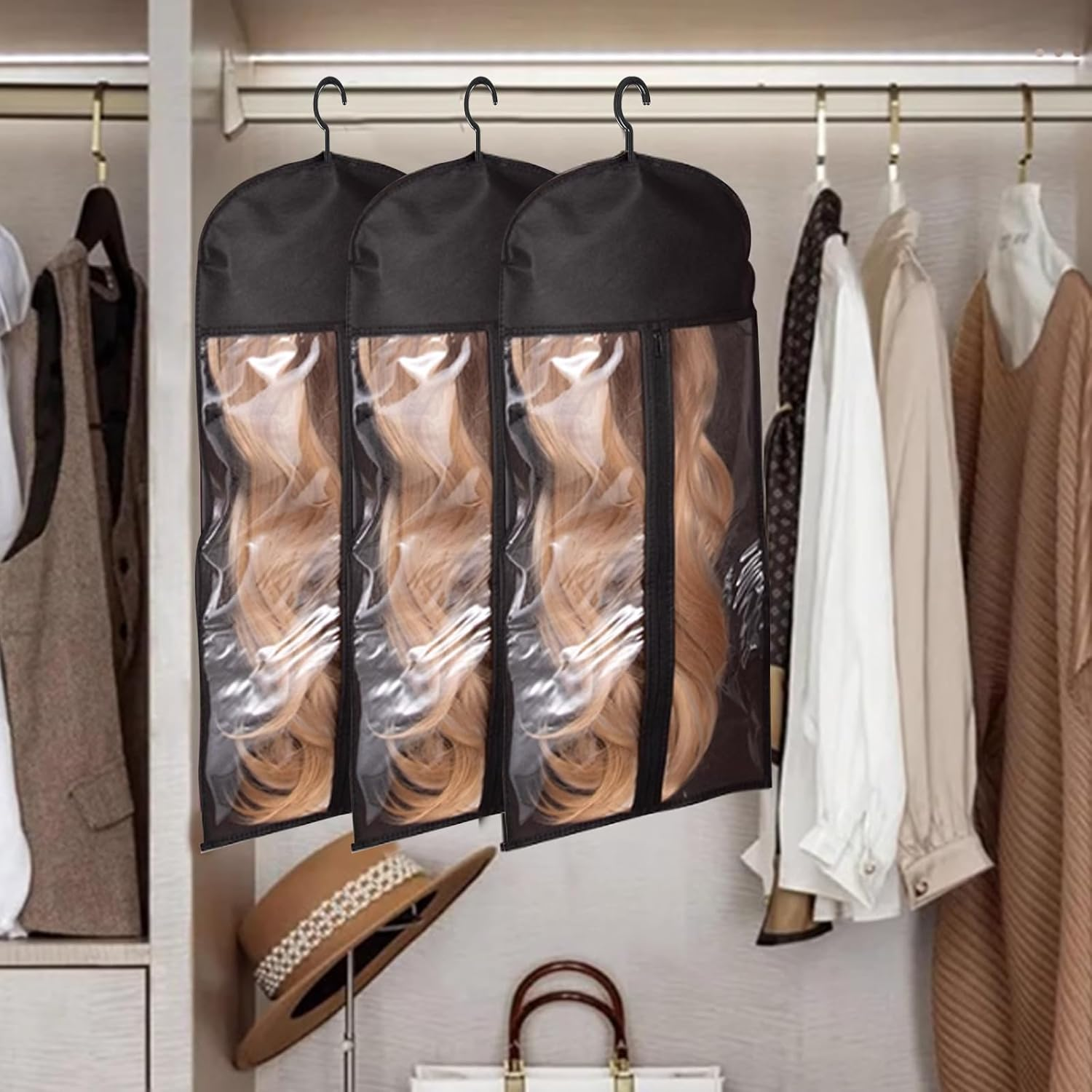 TYXHXTF 3Pcs Wig Storage Bag, Dustproof Wig Bag, Hair Extension Storage, Wig Storage Bag with Hanger (Black)