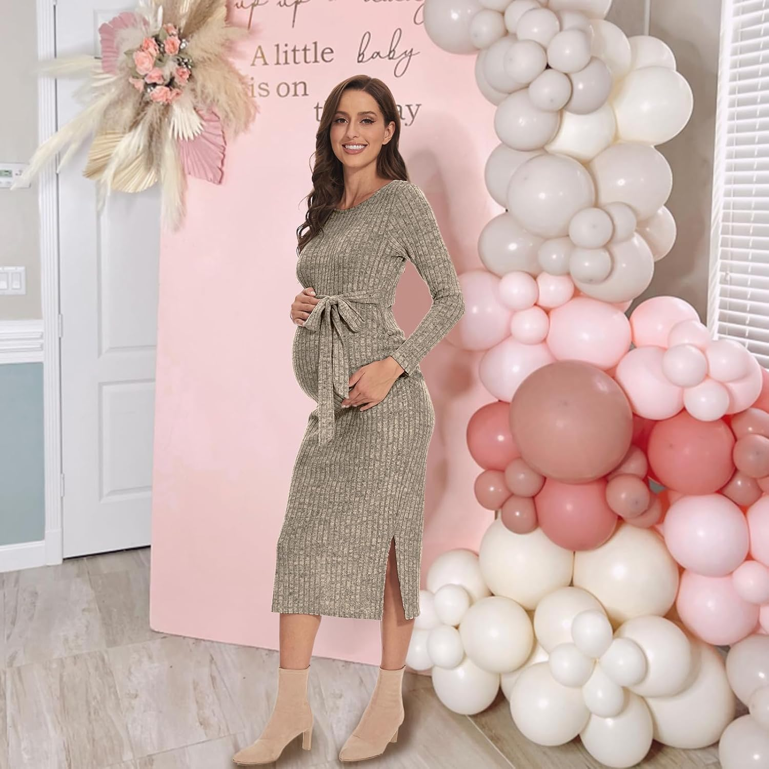 Guruixu Crewneck Maternity Sweater Dress Rib Knit Long Sleeve Photoshoot Baby Shower Dresses Slit Pregnancy Clothes with Belt