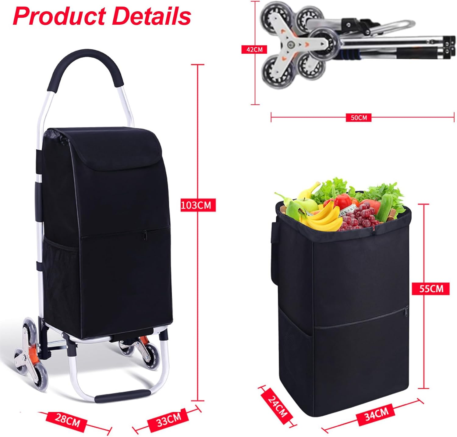 Shopping Trolley Cart, Foldable Rolling Dolly with 6 Climbing Stairs Wheels and Removable Bag for Groceries, Shopping, Camping, Laundry, 33 * 28 * 103Cm Black image number 3
