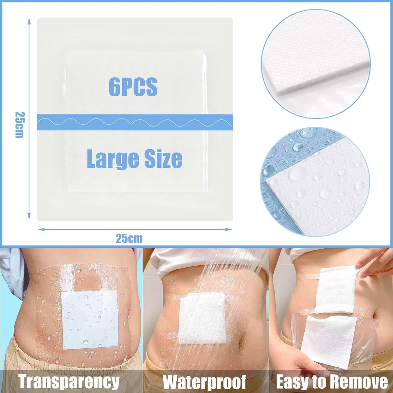 Waterproof Wound Bandage Patches with Absorbent Gauze Pads, Large Wound Dressings Pads，Post Surgical Shower Wound Cover Protector,6Pcs image number 6