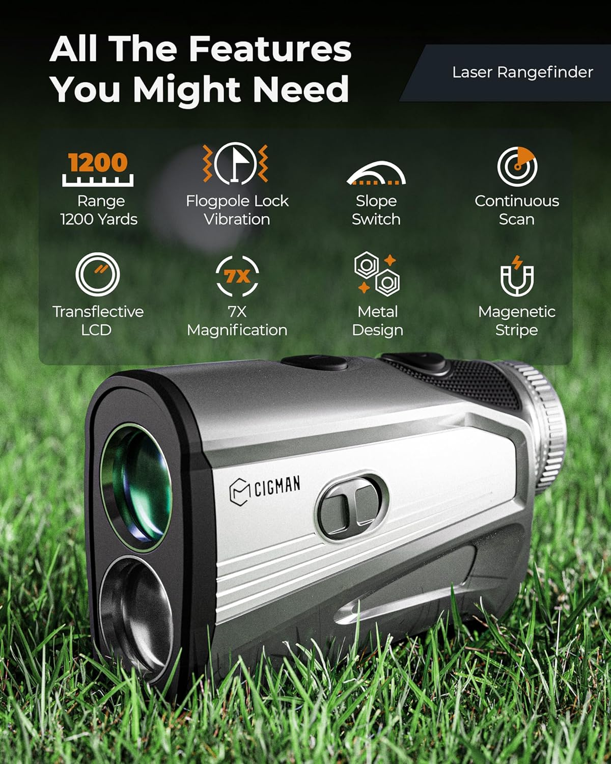 Golf Laser Rangefinder with Slope Switch, CIGMAN 1200 Yards Rechargeable Golf Range Finder Magnetic, Continuous Scan for Hunt, High-Precision LCD/OLED Screen Flag Pole Lock Vibration,7X Magnification image number 1