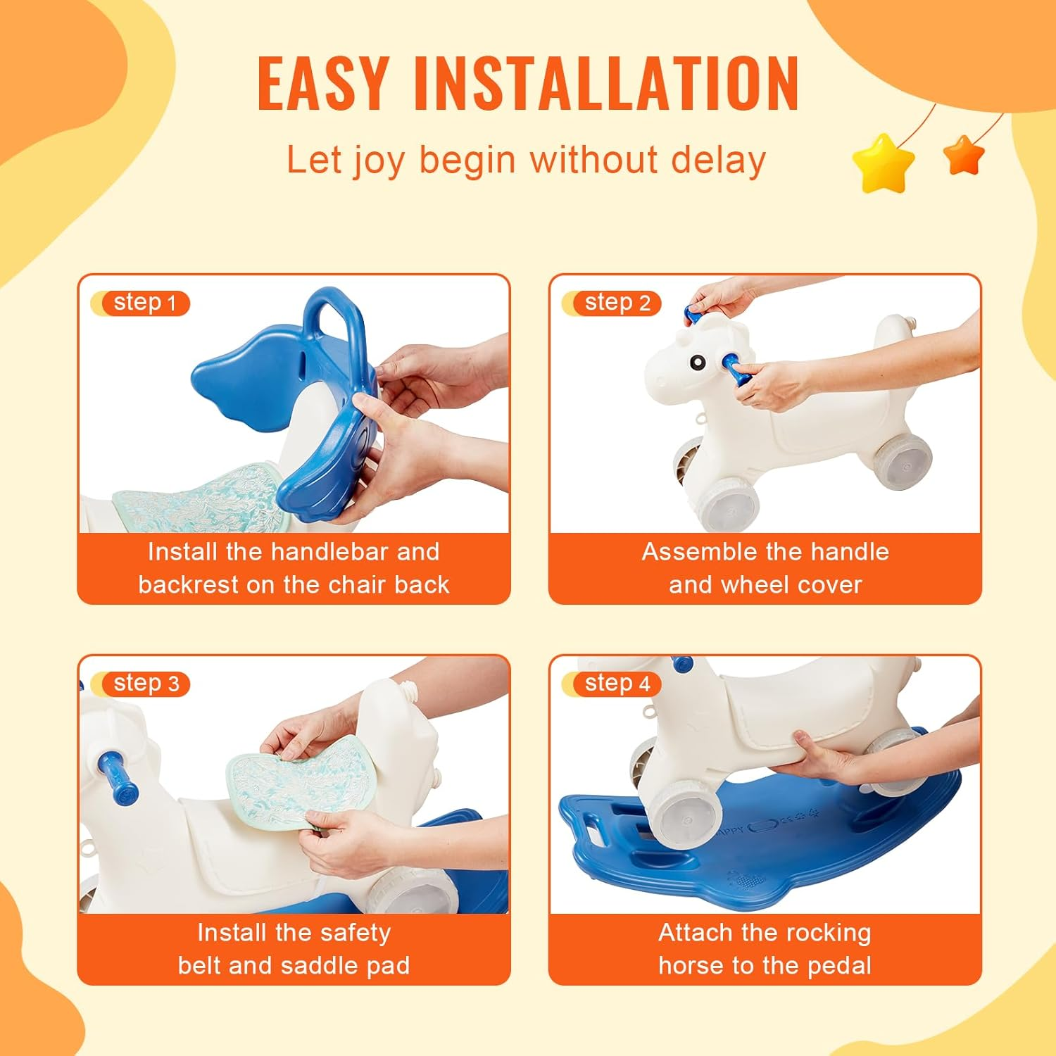 VEVOR 4 in 1 Rocking Horse for Toddlers 1-3 Years, Baby Rocking Horse with Detachable Balance Board, Push Handle and 4 Smooth Wheels, Support up to 80 Lbs HDPE Kids Ride on Toy with Sound, Blue image number 6