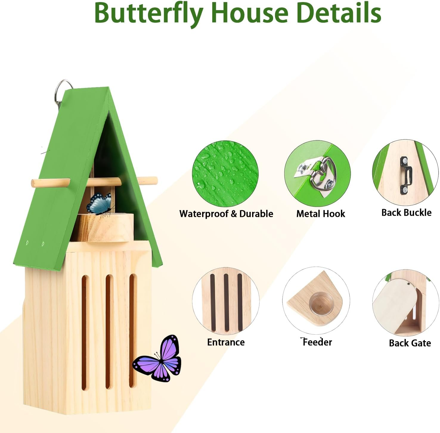 Wooden Butterfly House with Nectar Feeder & Hanging Hooks, Backyard Wildlife Shelter for Outdoor Use