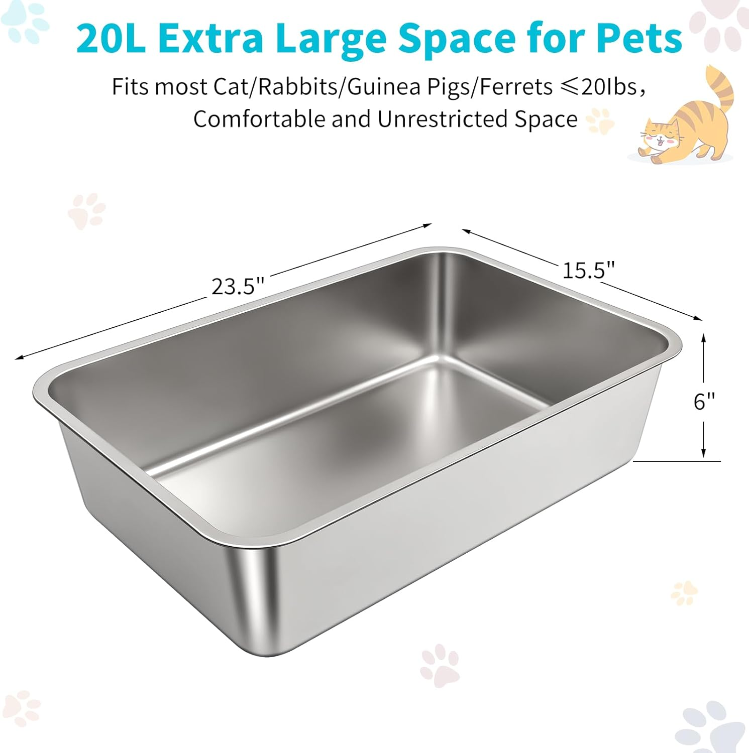 Stainless Steel Cat Litter Box, 23.5" L X 15.5" W X 6" H, Tray for Small to Large Kitty, Rabbits, Hamsters, Guinea Pigs and Ferrets, Potty Toilet Is Easy to Clean and Does Not Absorb Odors