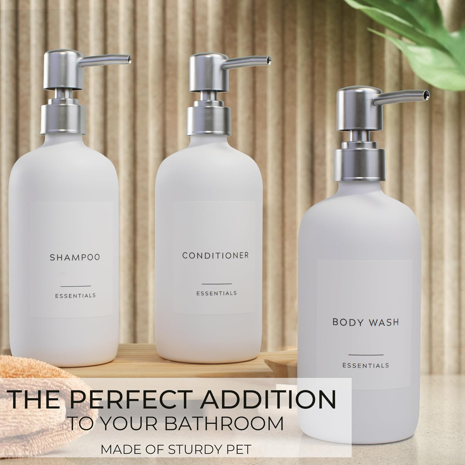 Stylish Shampoo and Conditioner Dispenser Set of 3 - Modern 21Oz Shower Soap Bottles with Pump and Labels - Easy to Refill Body Wash Dispensers for an Instant Bathroom Decor Upgrade - White image number 6