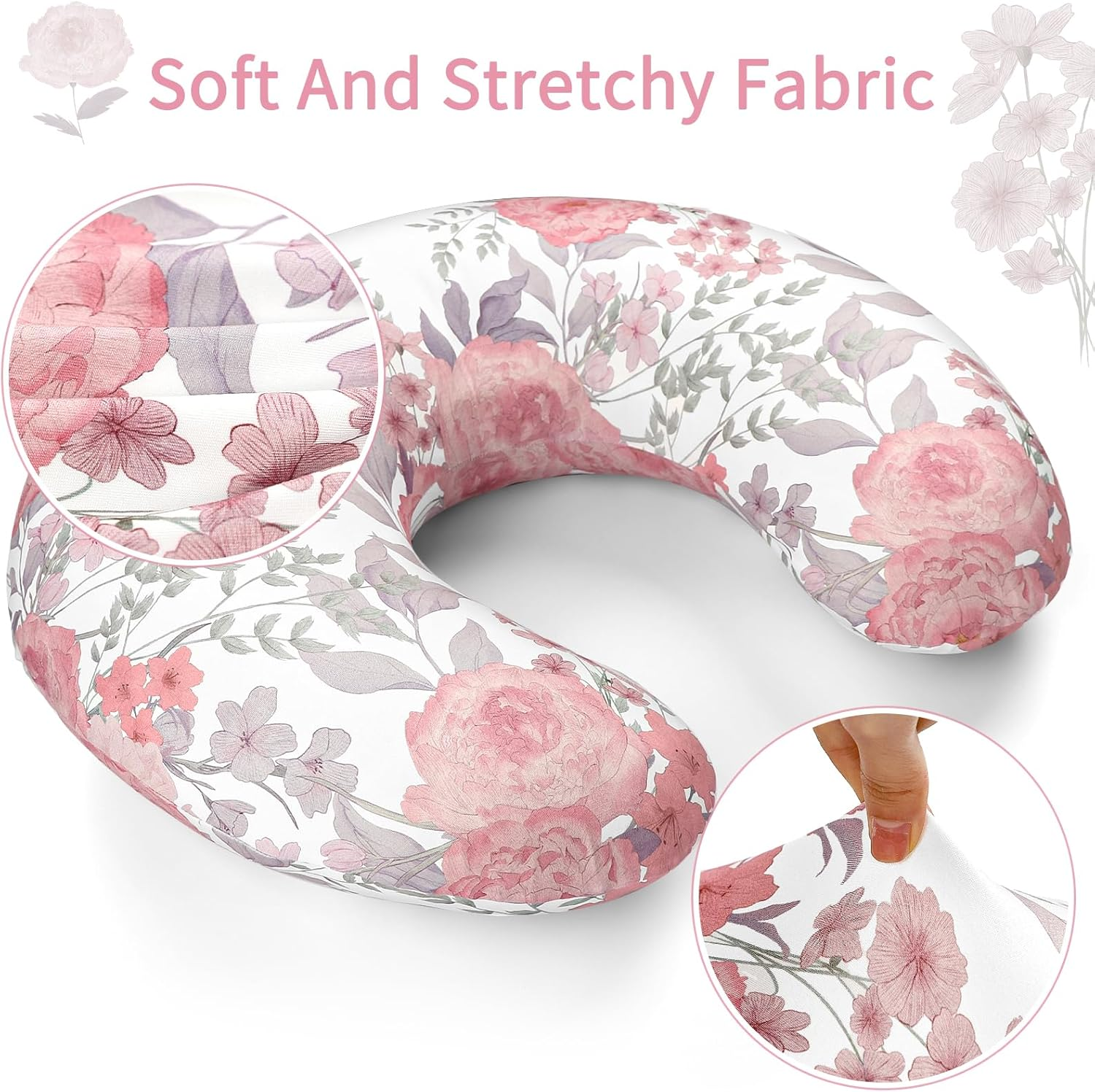 Nursing Pillow Cover, Breastfeeding Pillow Cover Stretchy Removable Feeding Pillowcase for Newborn, Ultra Soft and Comfortable Nursing Pillow Slipcover for Baby Girls Boys, Pink Floral image number 1
