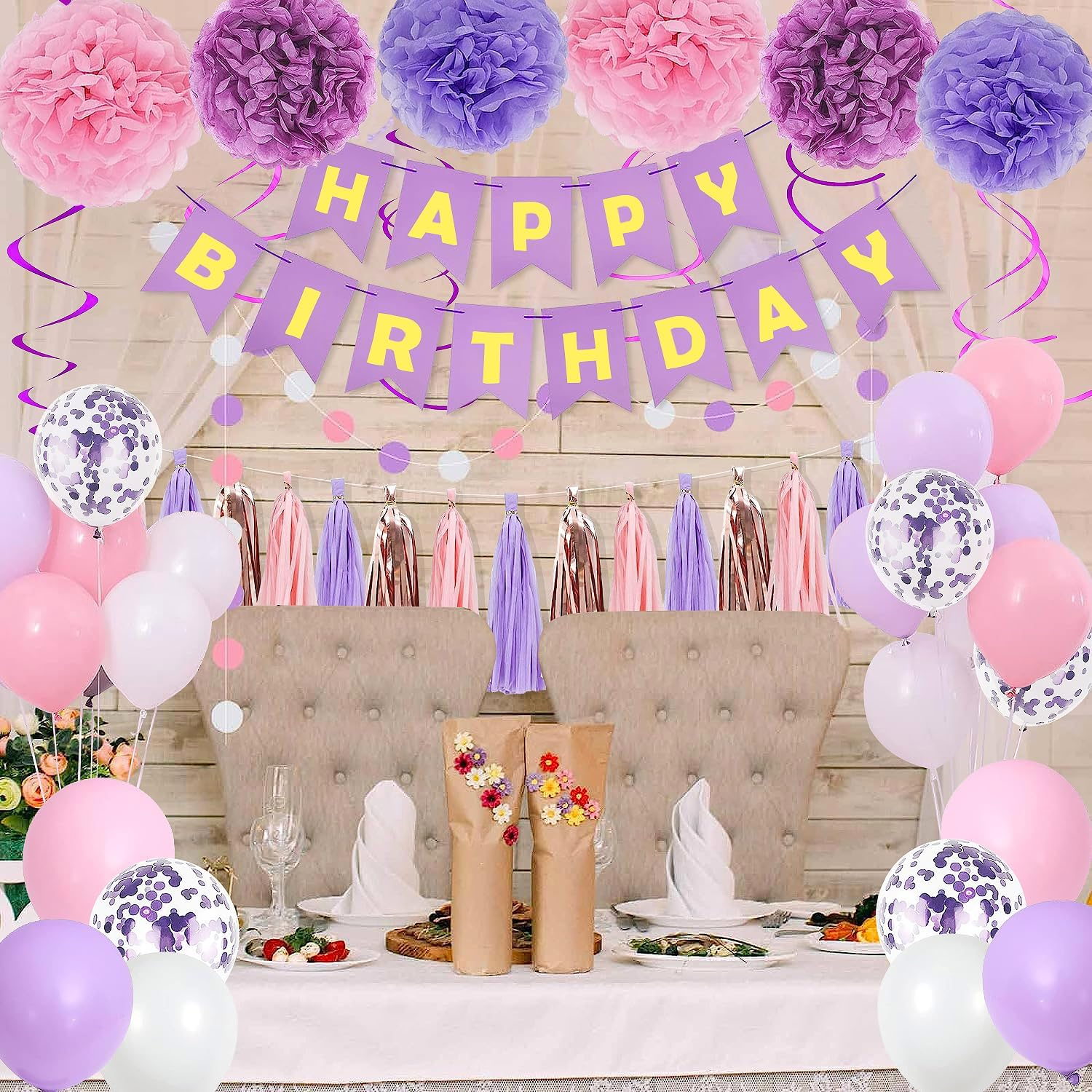 Pugkloy Purple Pink Birthday Party Decorations for Women Girls with Happy Birthday Banner,Hanging Swirls,Tissue Paper Pompoms,Circle Dots Garland,Tassel Garland Purple Birthday Balloons (Purple) image number 1