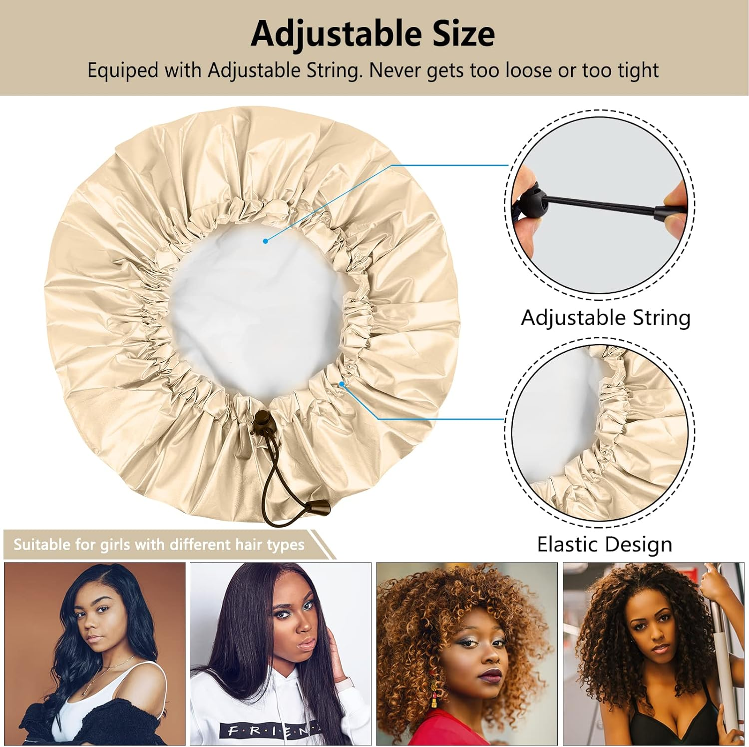 Shower Cap, Large Adjustable & Reusable, Double-Layer for Dreadlocks, Waterproof Bath Cap for Women, Girls, Braids, SPA, Long Hair (Khaki) - Khaki image number 6