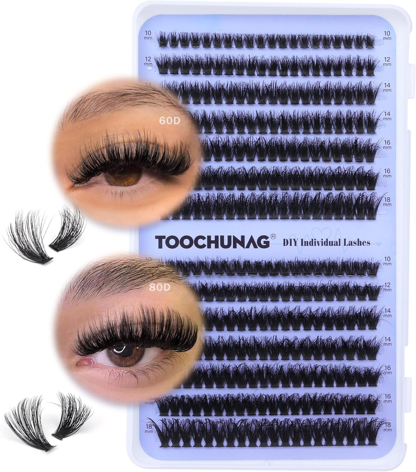 Fluffy Lash Clusters 60D+80D Thick Eyelash Clusters D Curl Wispy Individual Lashes 10-18Mm Cluster Eyelash Extensions 280Pcs False Eyelashes DIY Flat Lash Extension by TOOCHUNAG image number 3