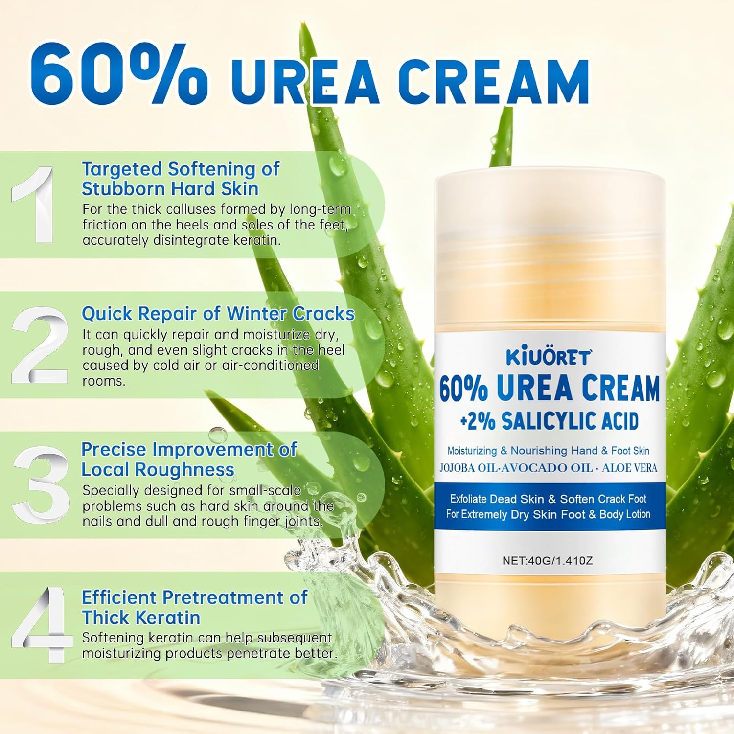 60% Urea Cream with 2% Salicylic Acid & Aloe Vera - Intensive Moisturizing Urea Foot Cream for Dry, Cracked Feet - Exfoliates Dead Skin, Smooths Rough Areas - Hydrating Foot Cream Stick for All Skin Types image number 5