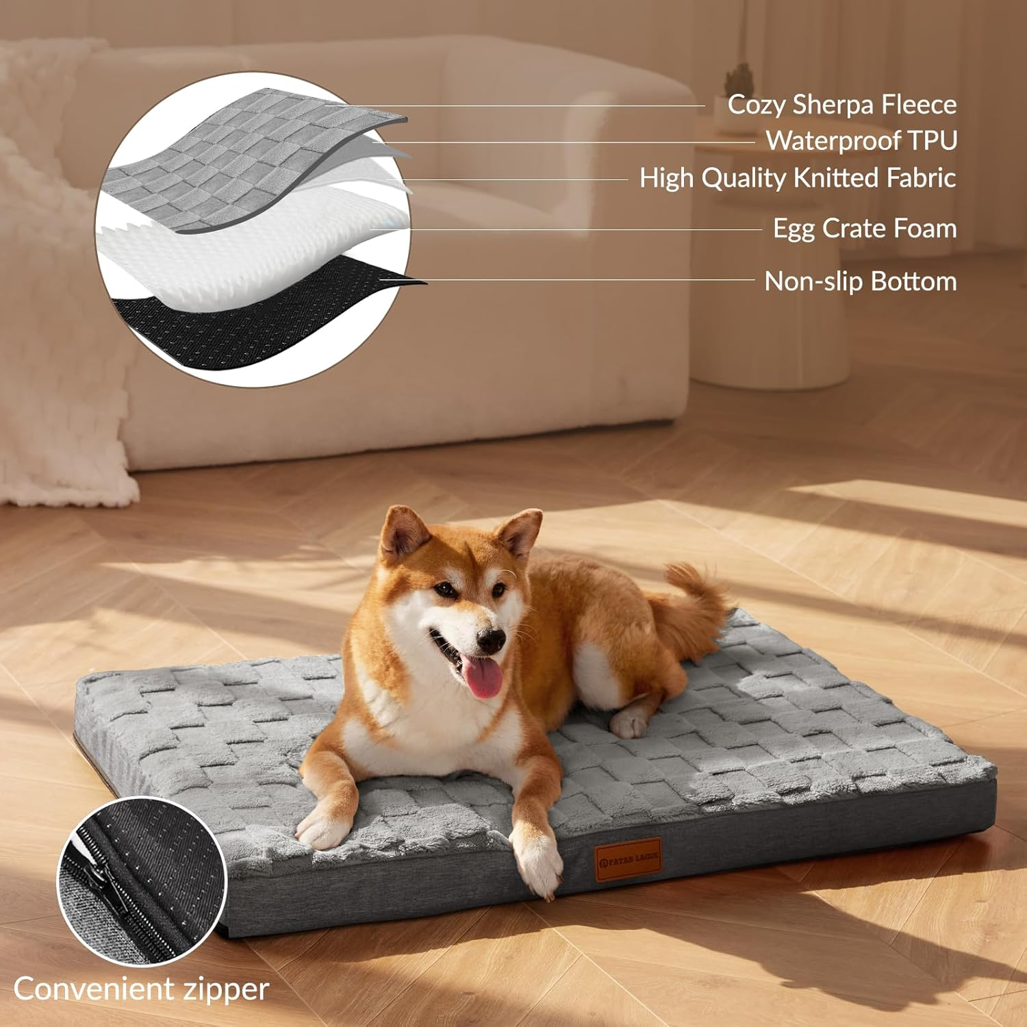 Patas Lague Orthopedic XL Dog Bed Large Sized Dog 107 X 71Cm, Waterproof Soft Comfortable Egg Crate Foam Large Pet Beds Crate Mat with Removable Washable Cover and Nonskid Bottom, Grey image number 2