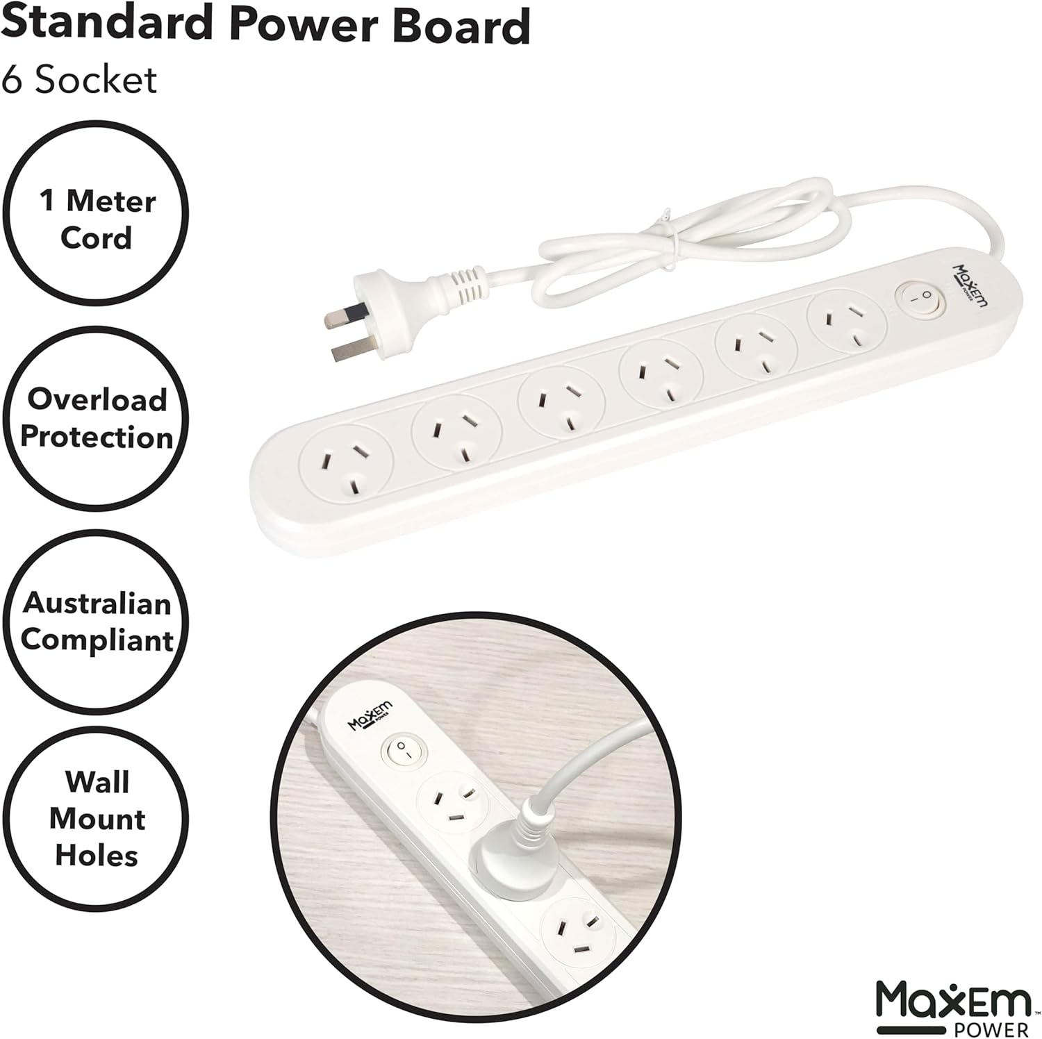 Maxem Power 6 Way Powerboard with 1 Switch image number 1