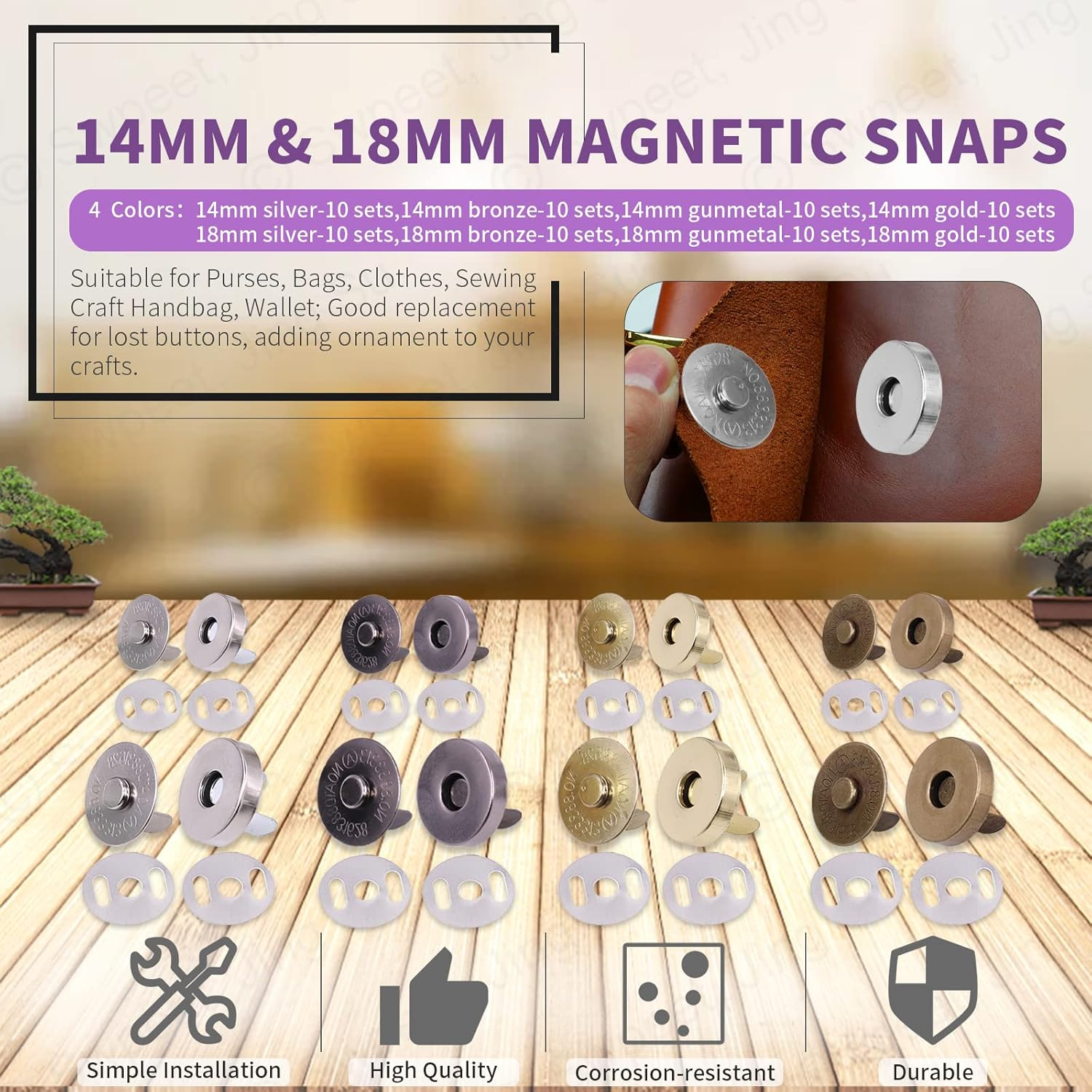 Swpeet 80 Sets Magnetic Button Clasps Snaps, 14/18MM Metal Fastener Clasps Gold Silver Bronze Black DIY Craft Sewing Knitting Buttons Sets for Sewing, Purses, Bags, Clothes, Leather,Silver Color image number 3