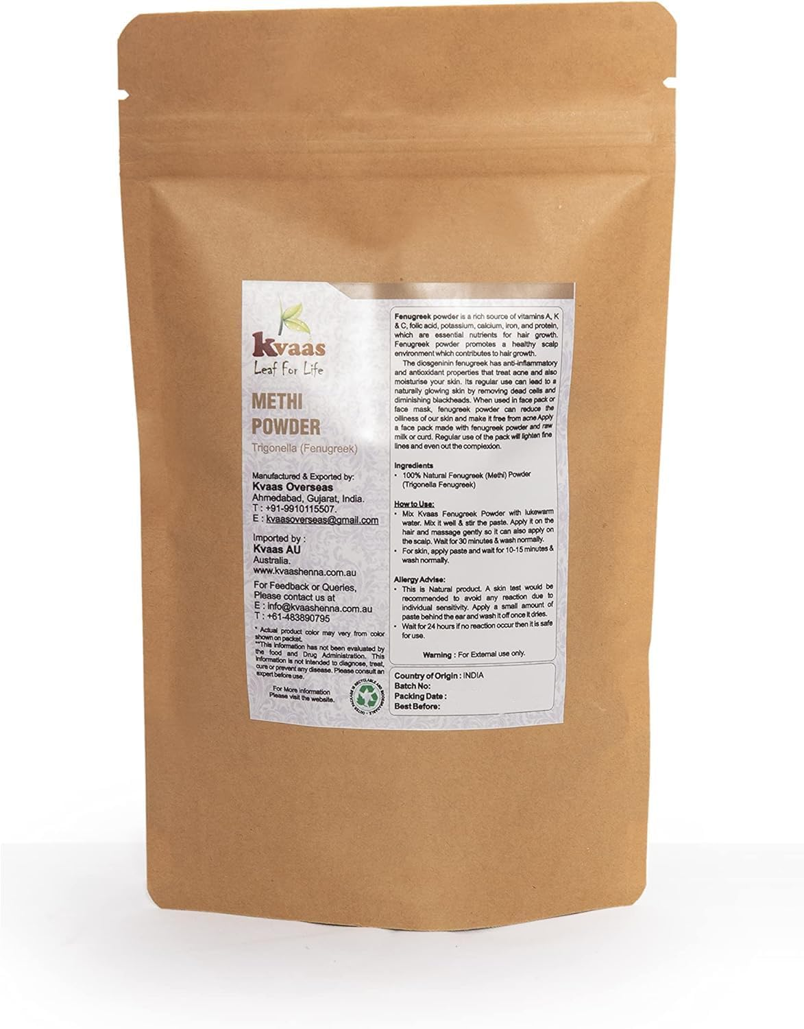 KVAAS - LEAF for LIFE Natural Fenugreek Powder | 3.53 Oz (100 G) | Trigonella/Methi | Pure Powder for Hair Care image number 2