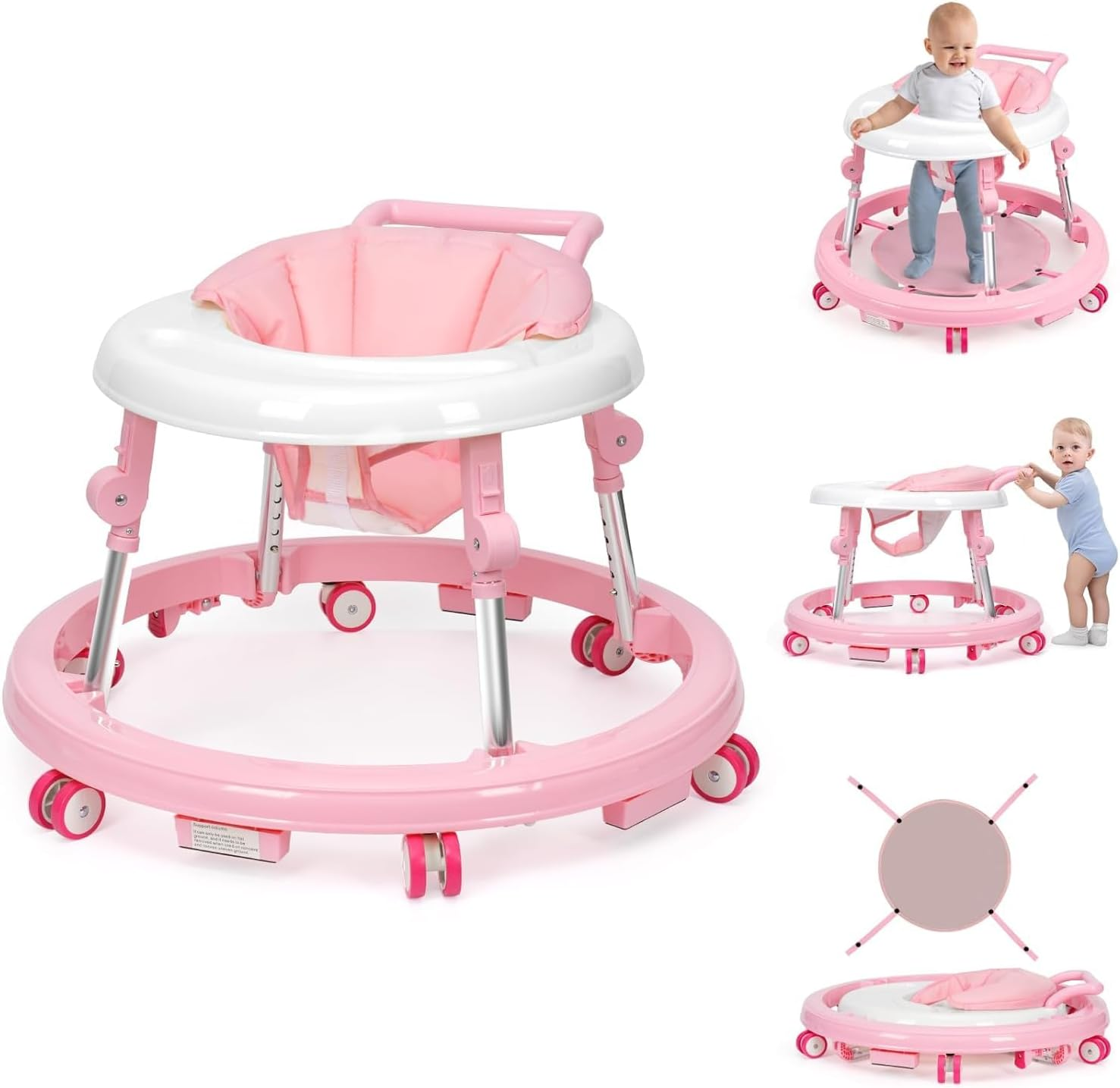 Baby Walker with Wheels Foldable, Portable Baby Walker with 9 Adjustable Heights, Infant Toddler Walker for Baby Boy Girls 6-18 Months (Pink)