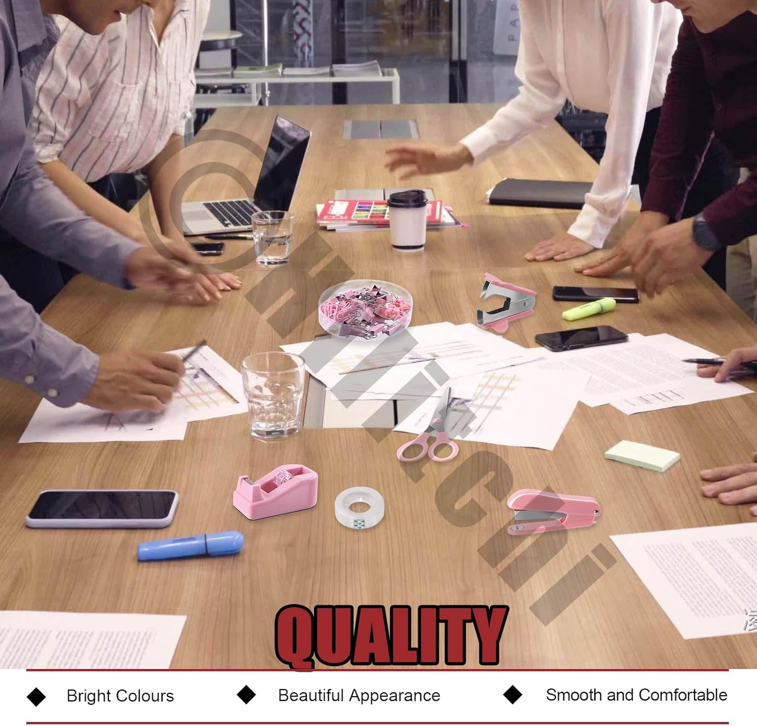 Hilitchi Pink Office Supplies Desk Accessories Set - Stapler, Tape Dispenser, Scissors, Tabs, Clips, Staples for Women, Coworkers, Students image number 3