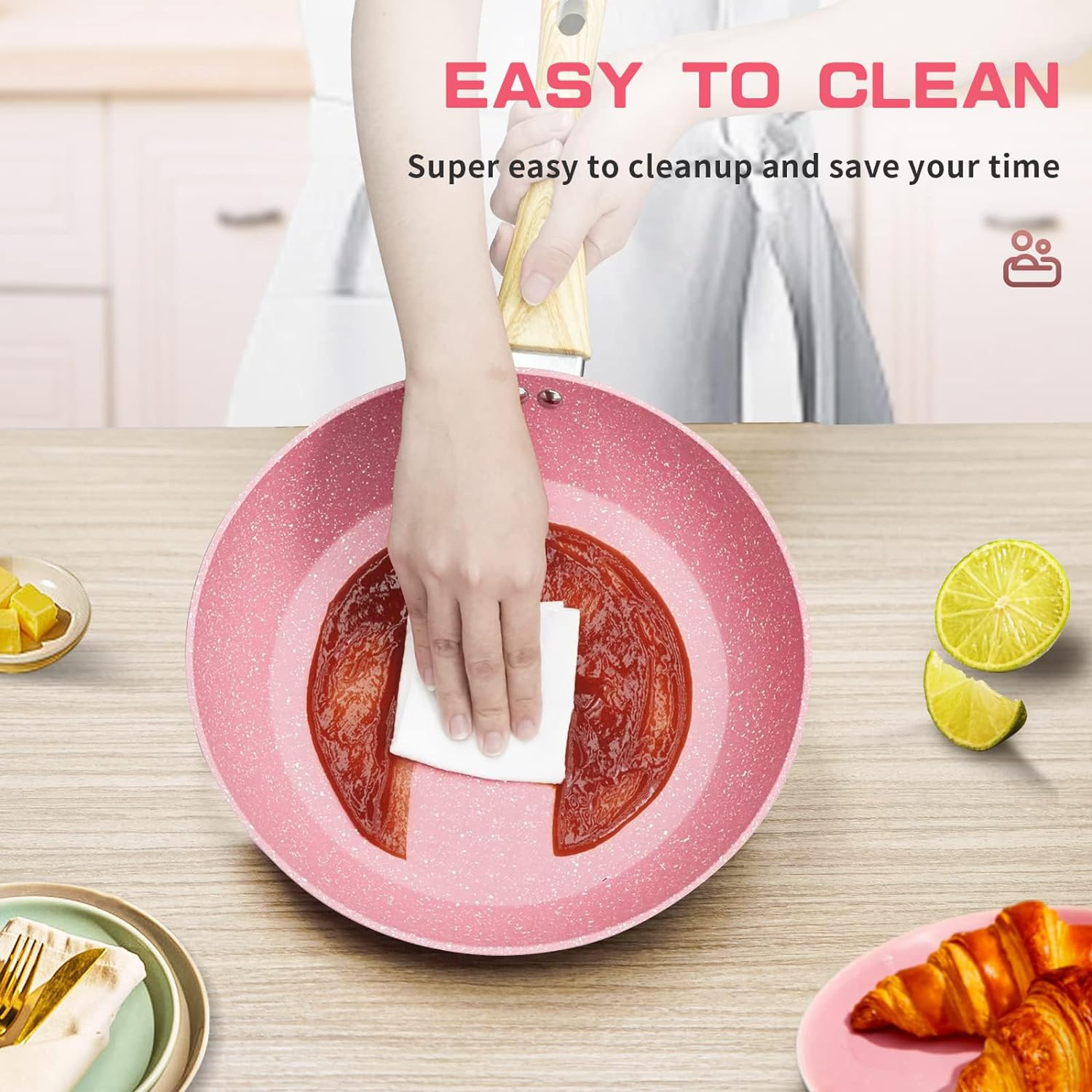 Frying Pan Nonstick, 24 CM Pink Egg Pan, Non Stick Fry Pan 100% PTFE Pfoa-Free Omelet Pan, Toxin-Free Skillets Stone Cookware, Anti-Warp Base with All Stove Tops Available, Induction Compatible image number 6