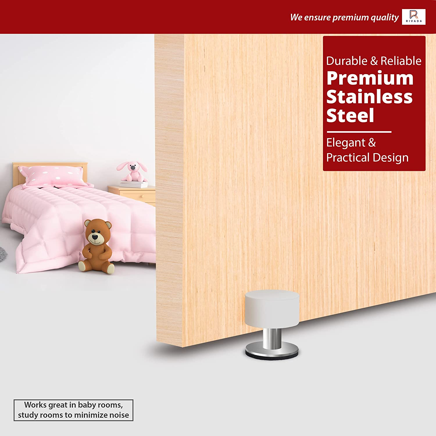 2-Pack Door Stops with Extra Stickers, Self-Adhesive Door Stopper with White Rubber & Stainless Steel Body - Heavy Duty Sound Dampening Door Bumpers for Home & Office Use image number 3