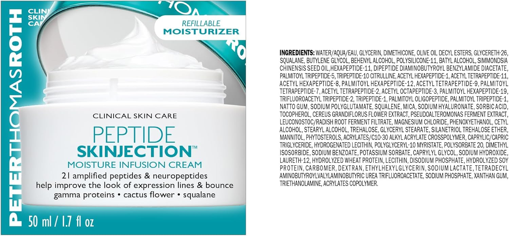 Peter Thomas Roth | Peptide Skinjection Moisture Infusion Cream, Refillable Moisturizer, for Loss of Firmness and Elasticity, Fine Lines & Wrinkles, Dryness, 21 Amplified Peptides & Neuropeptides image number 3