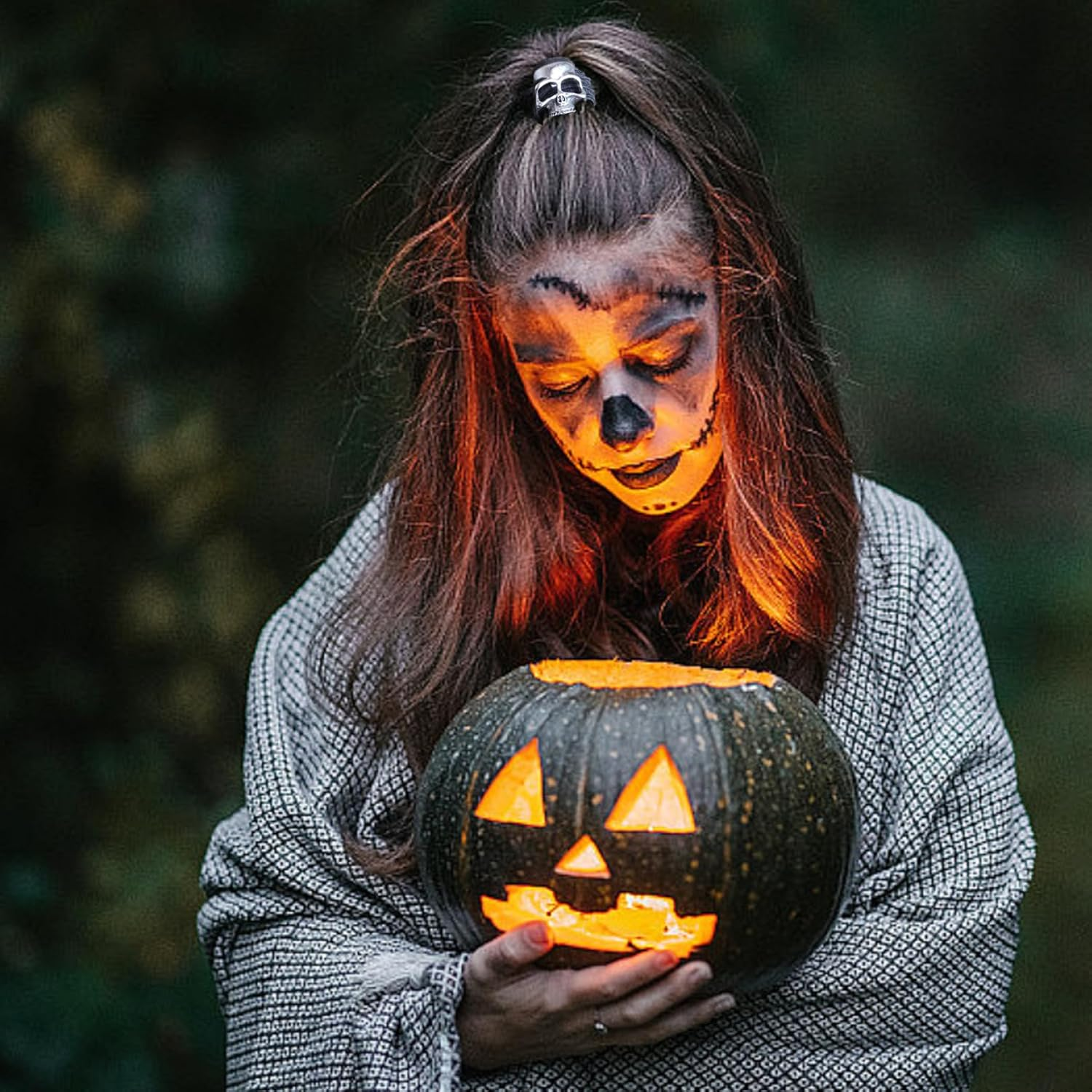 Halloween Skull Hair Ties for Thin Thick Hair,4Pcs Metal Skull Black Hair Elastics Scrunchies No Damage Hair Ropes Ponytail Holders Gothic Halloween Hair Accessories for Womens Girls Cosplay Costume image number 4