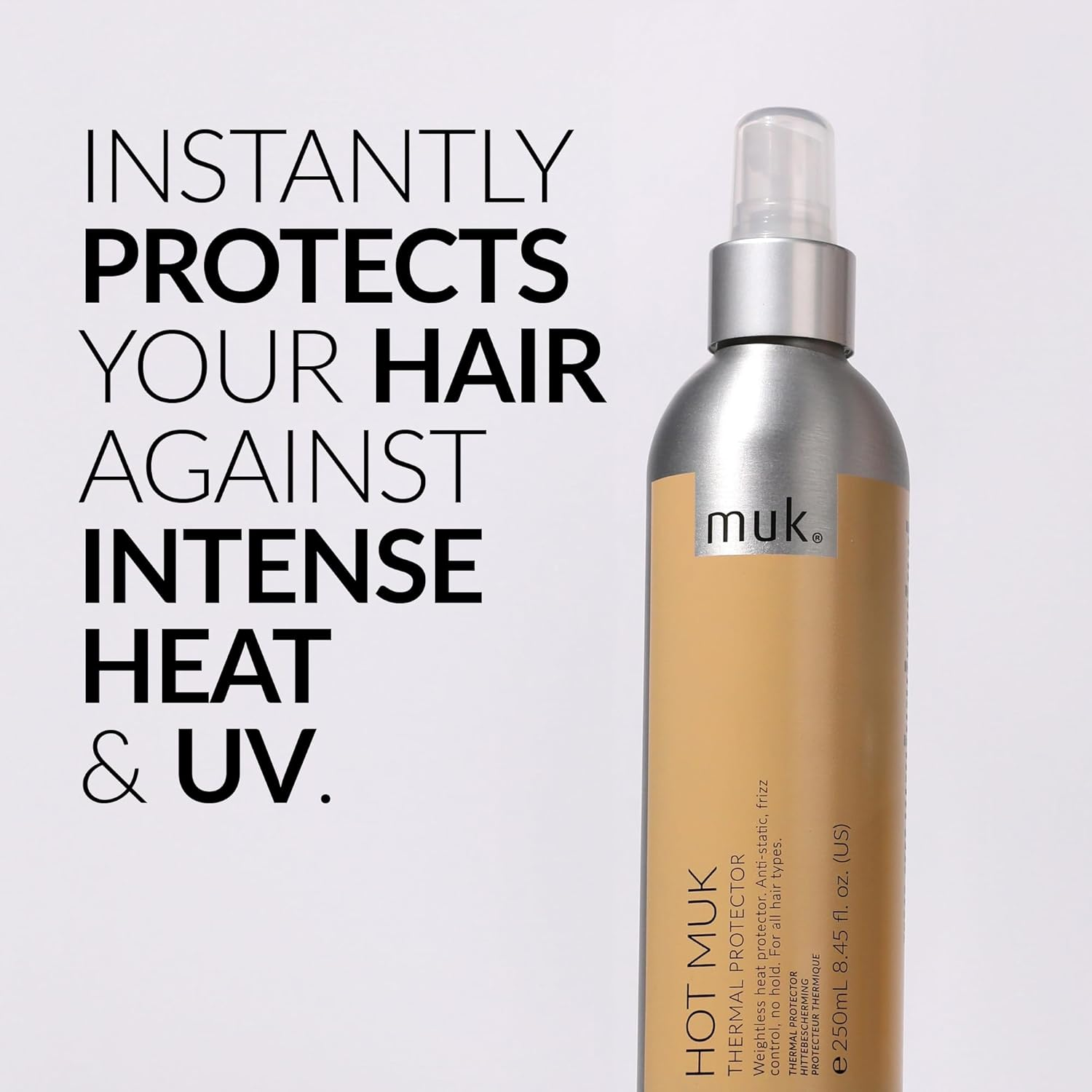 MUK. Hot Muk Thermal Protect - Heat Protection Hair Spray. Heat Protectant for Styling Tools up to 230&deg;C. Heat Protection Hair Spray UV Shield against Colour Fade, Frizz Control, 250Ml image number 4