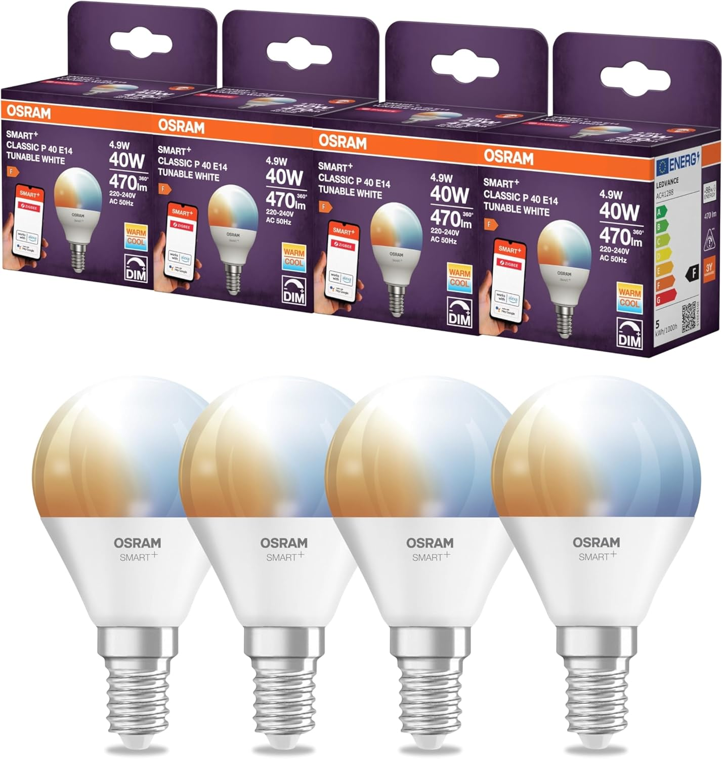 OSRAM Smart Zigbee Classic Mini Ball LED Lamp, P40 TW Dimmable 4.9W Frosted E14, Classic Mini Ball Lamp in White, IP20 Protection, for Home and Commercial Use