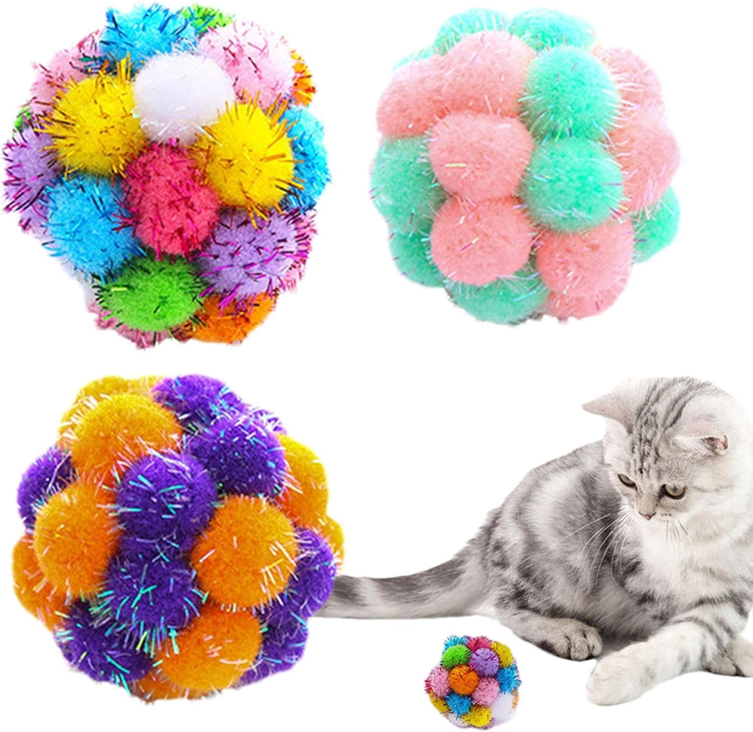 Tuxxjzm Pom Pom Cat Toys - Puff Balls Cats Toy,Assorted Color Balls Fuzzy Balls, Interactive Toys for Indoor Cats and Kittens, Toys image number 1