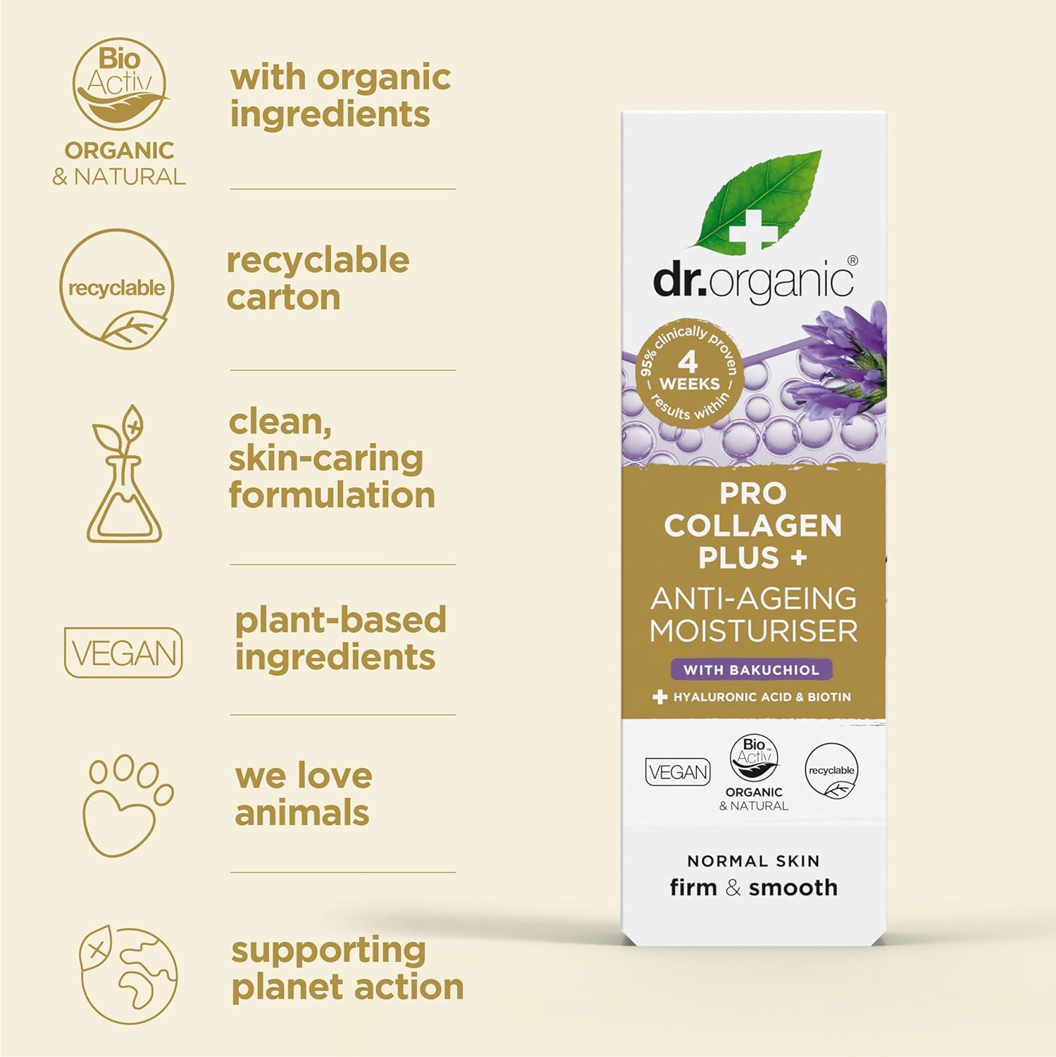 Dr Organic Pro Collagen plus Bakuchiol, Hyaluronic Acid, Biotin, Healthy-Aging, Wrinkles, Dry & Sensitive Skin, Natural, Vegan, Cruelty-Free, Paraben & Sls-Free, Recycled & Recyclable, Organic, 50Ml image number 5