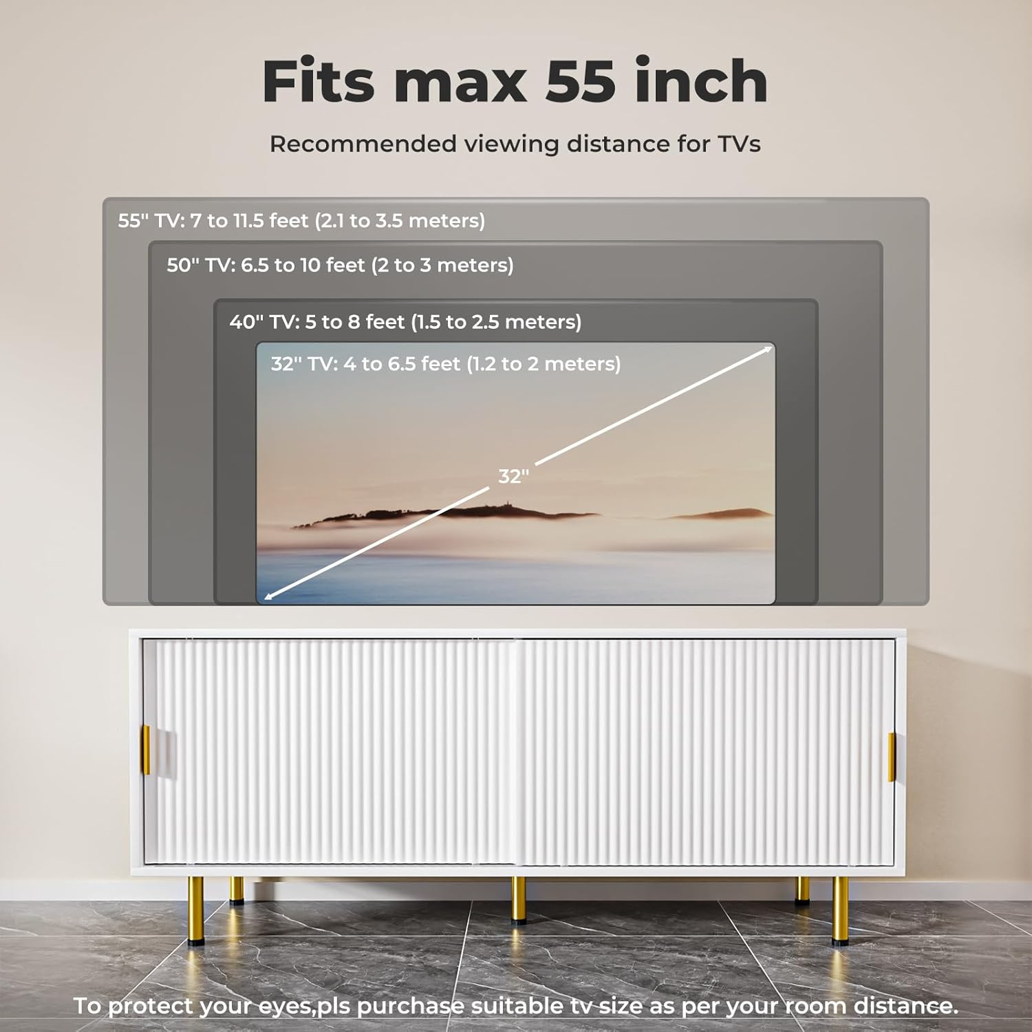 Levede TV Cabinet, 120Cm Entertainment Center TV Unit Stand with 2 Sliding Door, TV Console Table with 2 Storage Cabinets, Media Cabinet for Living Room, Bedroom and Office,Gold Leg, Handle,White image number 4