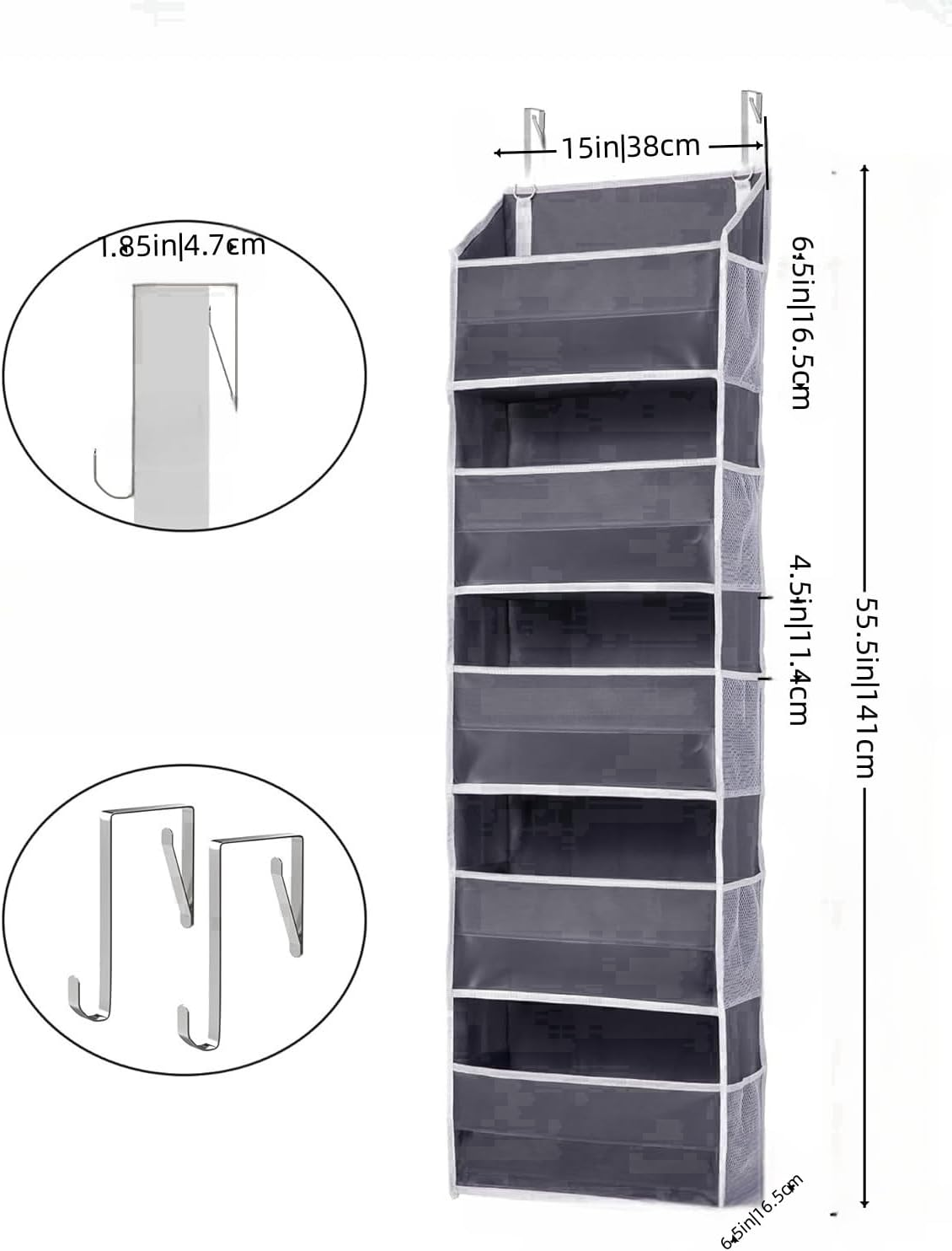Maximize Space with 1 Pack over Door Organizer - 5 Large Pockets & 10 Mesh Side Pockets for Kids Toys, Shoes, Diapers - 44 Lbs Capacity in Dark Grey, 5 Layers with Clear Window!