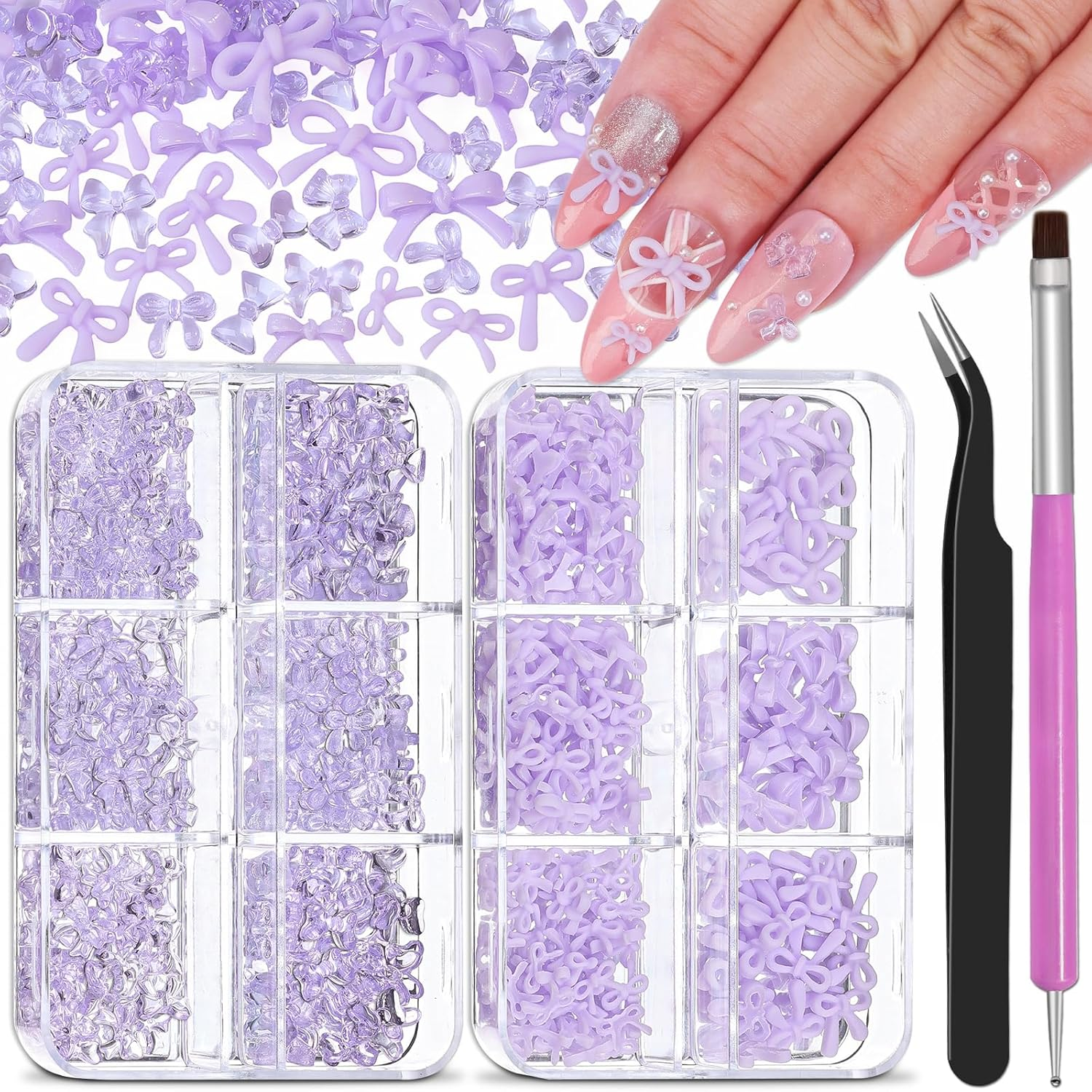 2 Boxes 3D Bow Nail Charms, Red Mini Bow Charms Transparent/Solid Resin Bow with Pickup Tools for Women Nail Decorations DIY Craft