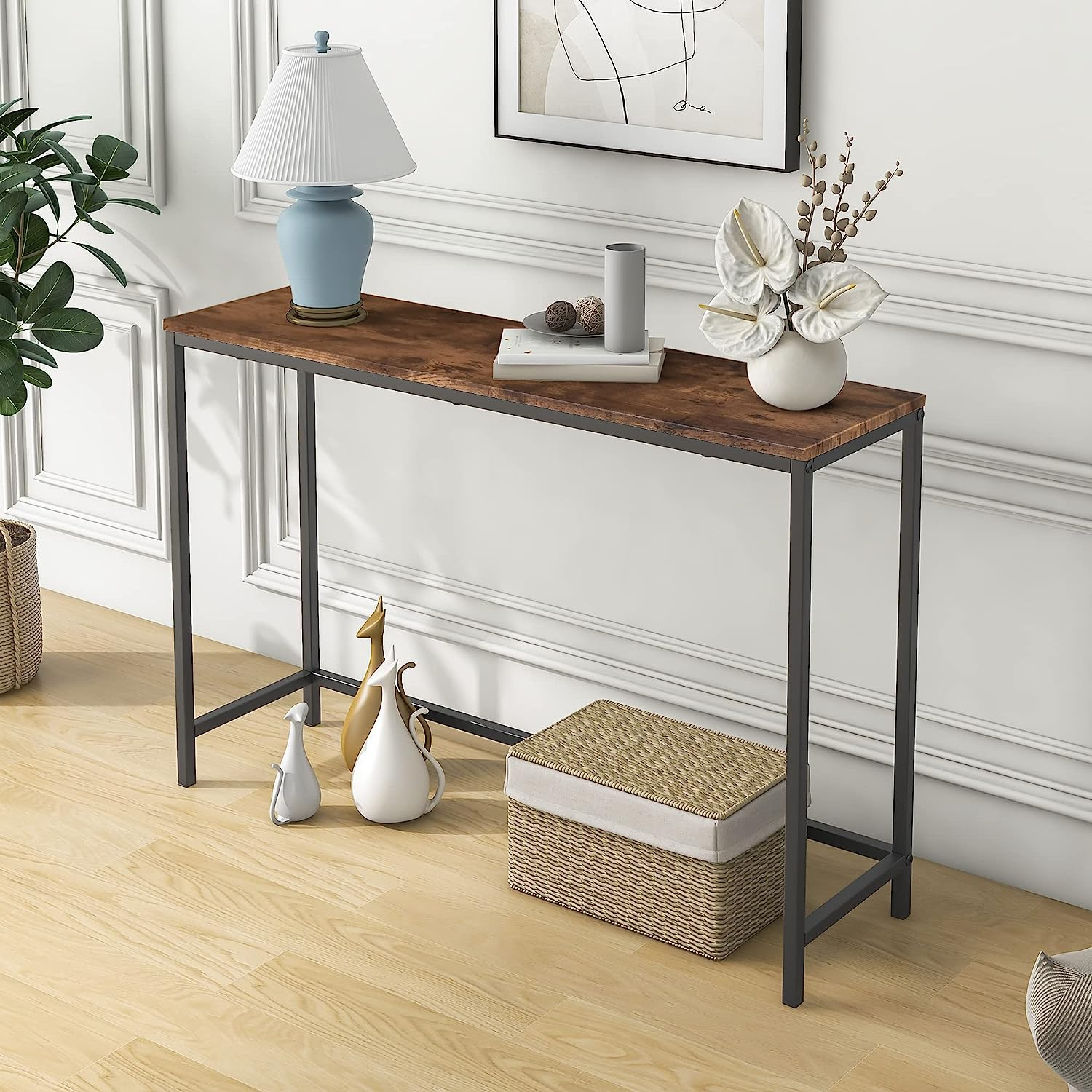 FOUBAM Thin Console Sofa Table for Entryway, Wood Couch Side Table, Hallway End Entrance Computer Desk, Window Table for Plants Indoor, Slim Coffee Table, Vintage Brown