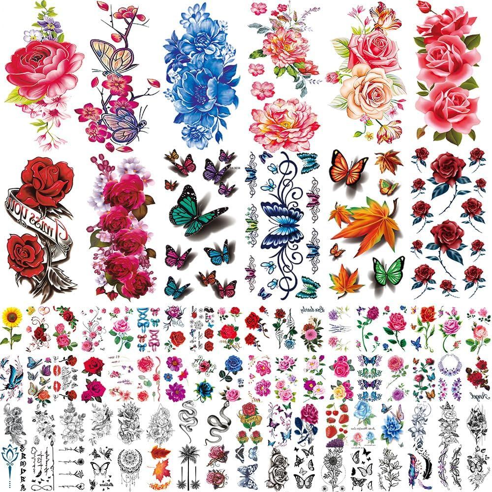 72 Sheets Temporary Tatto for Men Women Adults, 12 Sheets Arm Chest Shoulder Tattos Temporary Tattos with 60 Sheets Tiny Black Tattos, Wolf Tiger Lion Skull Owl Flower Tatto Stickers image number 2