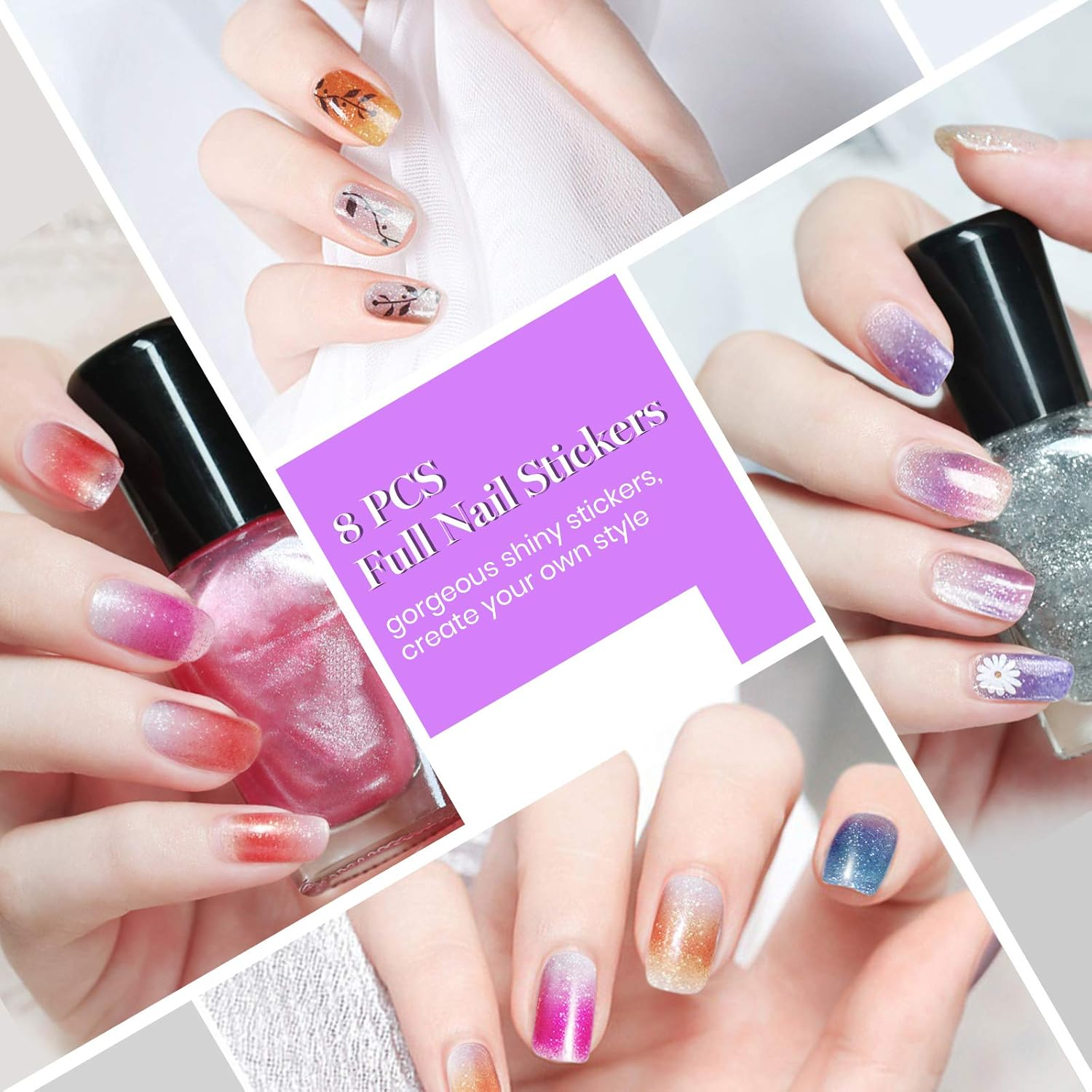 22 Sheets Full Wraps Nail Polish Stickers with Nail File, EBANKU Pure Color Shine Flower Self-Adhesive Nail Art Decals Strips Manicure Kits Nail Art Designs for Women Girls image number 4