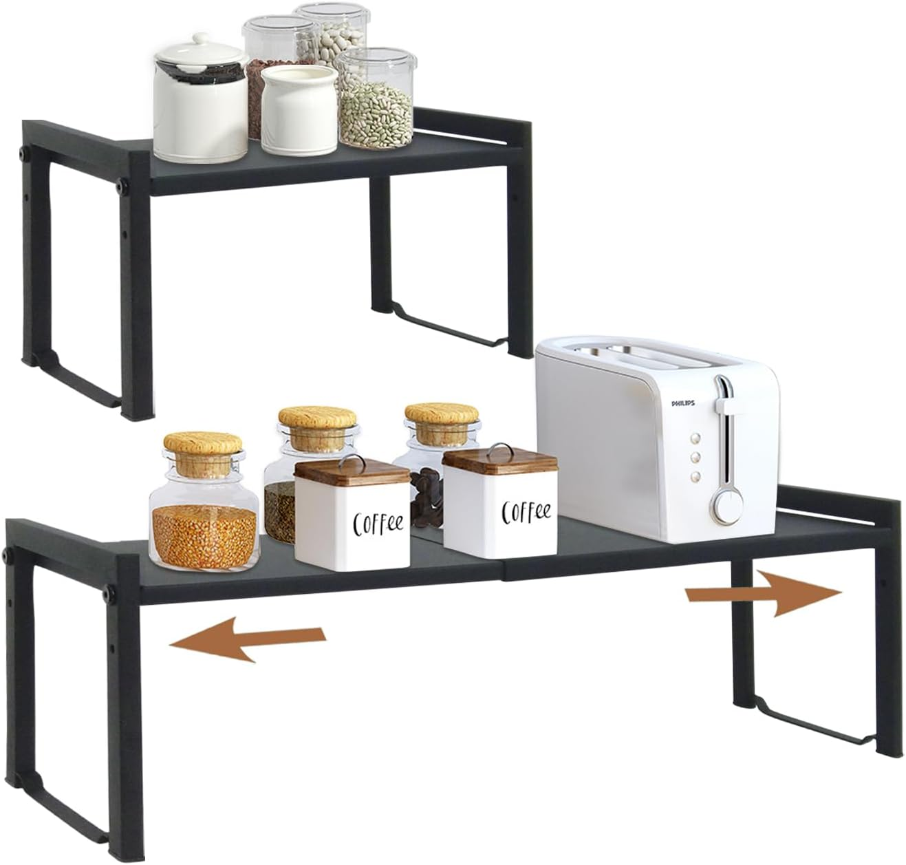 Zenmaarket Expandable Counter Shelf Organiser, 2 Pack, Black M, Minimalist Style, 2 Shelves, Metal, Adjustable & Expandable, 66 Cm (L) X 20 Cm (D) X 18 Cm (H), 20 Kg Capacity image number 5