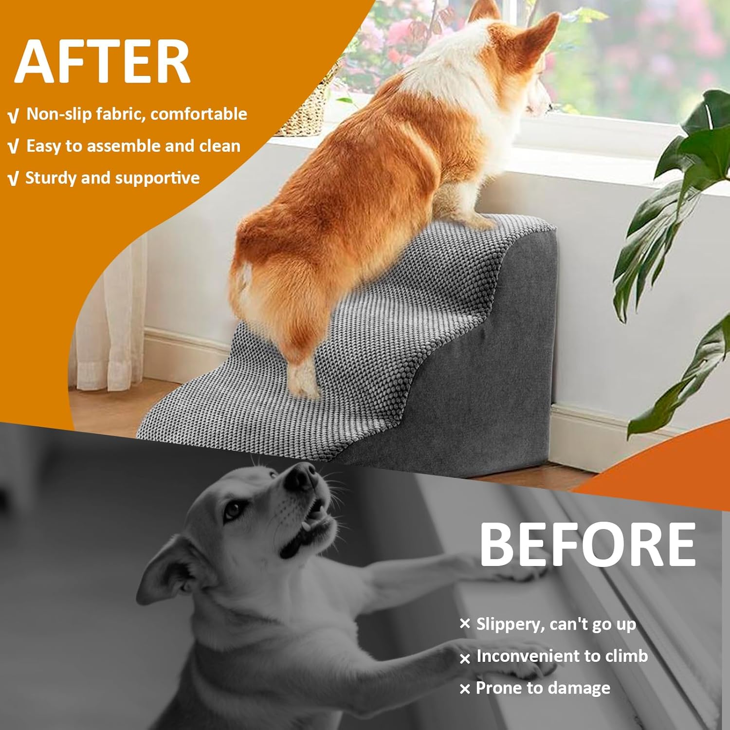 Dog Stairs for Small Dog, Corduroy Dog Steps for Bed, Practical Pet Stairs for High Bed Climbing, Non Slip Pet Ladder Stable Support, Curved Puppy Slope Stair for Sofa Low Bed Couch (Color-B, L, 1) image number 4